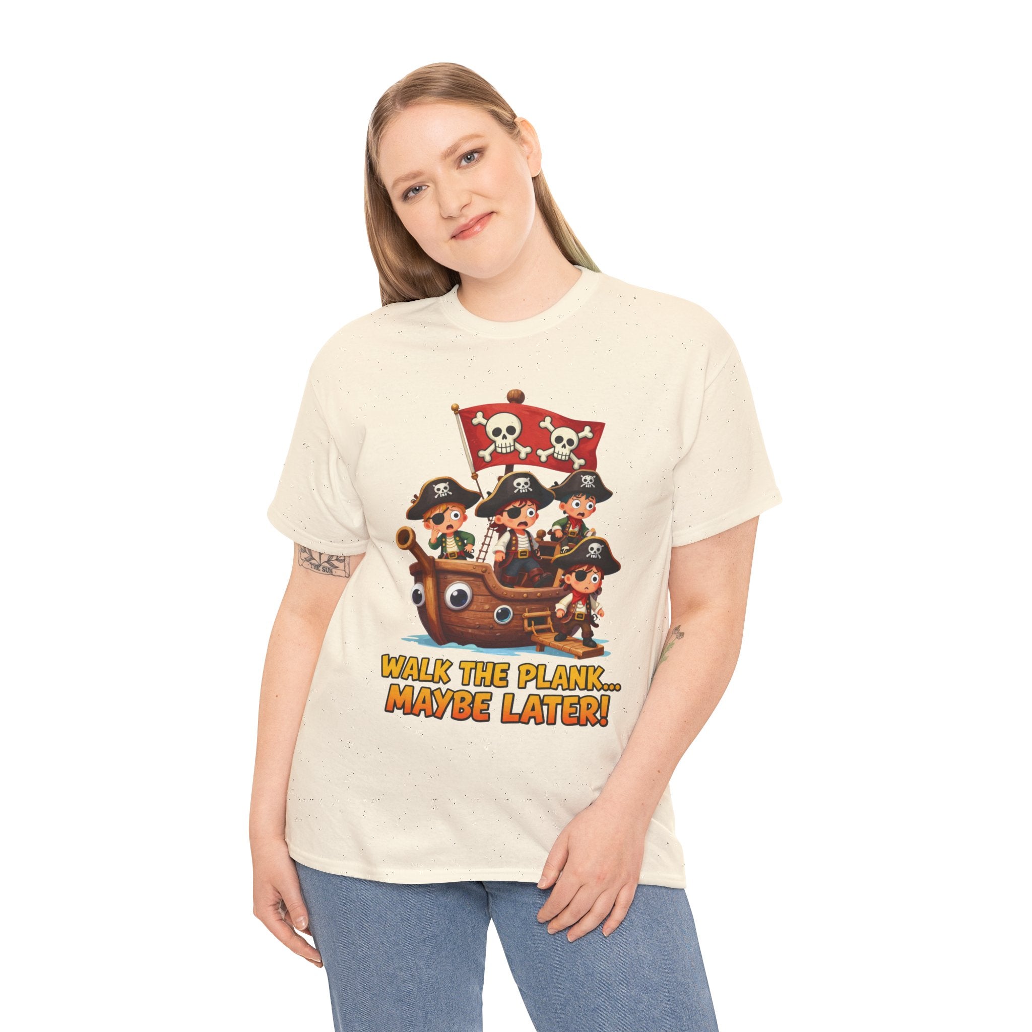 Walk the Plank Maybe Later T-Shirt – Funny Cartoon Pirate Ship Jolly Roger | Procrastination Humour Graphic Tee
