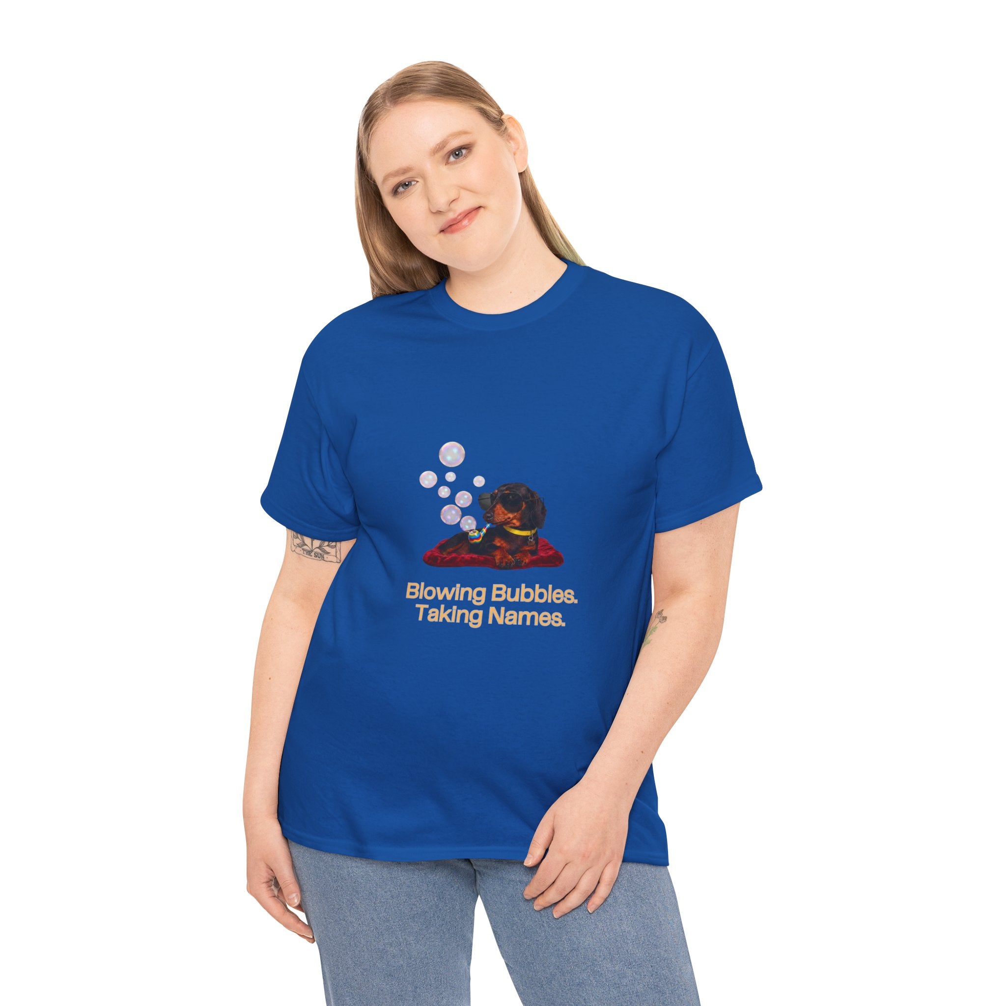 Blowing Bubbles Taking Names T-Shirt – Funny Cool Dachshund Sunglasses Bubble Pipe | Sausage Dog Wiener Dog Graphic Tee