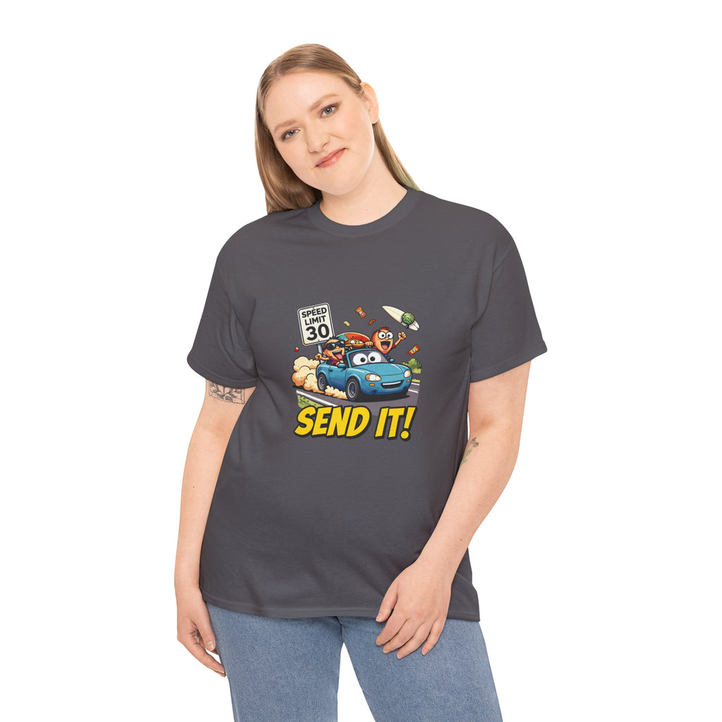 Send It T-Shirt – Funny Car Road Trip Speed Limit Graphic Tee | Cartoon Convertible Motorsport Humour