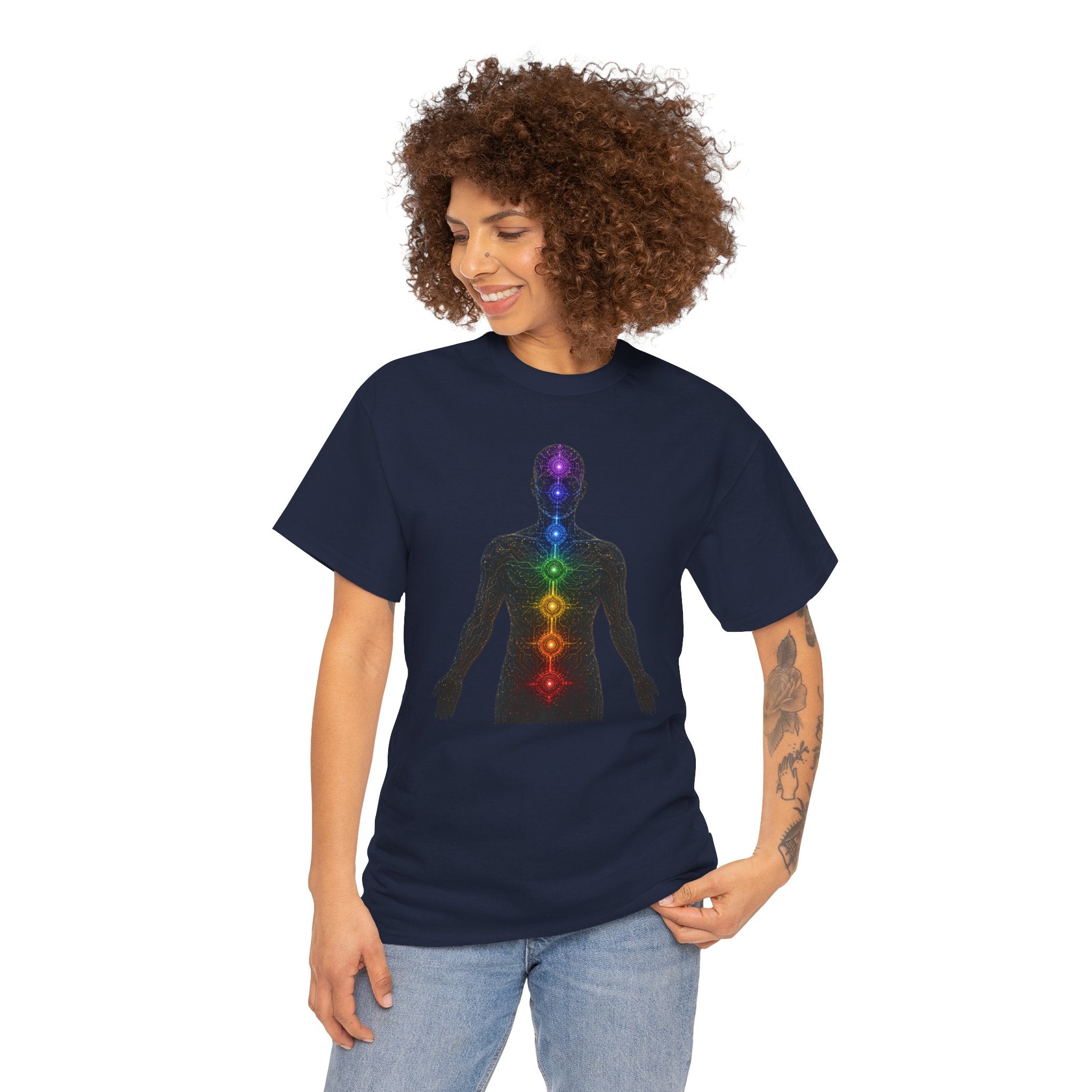 Chakra Circuit T-Shirt | Technology Meets Spirituality Graphic Tee | Seven Chakras Energy Body Shirt | Sacred Geometry Yoga Art