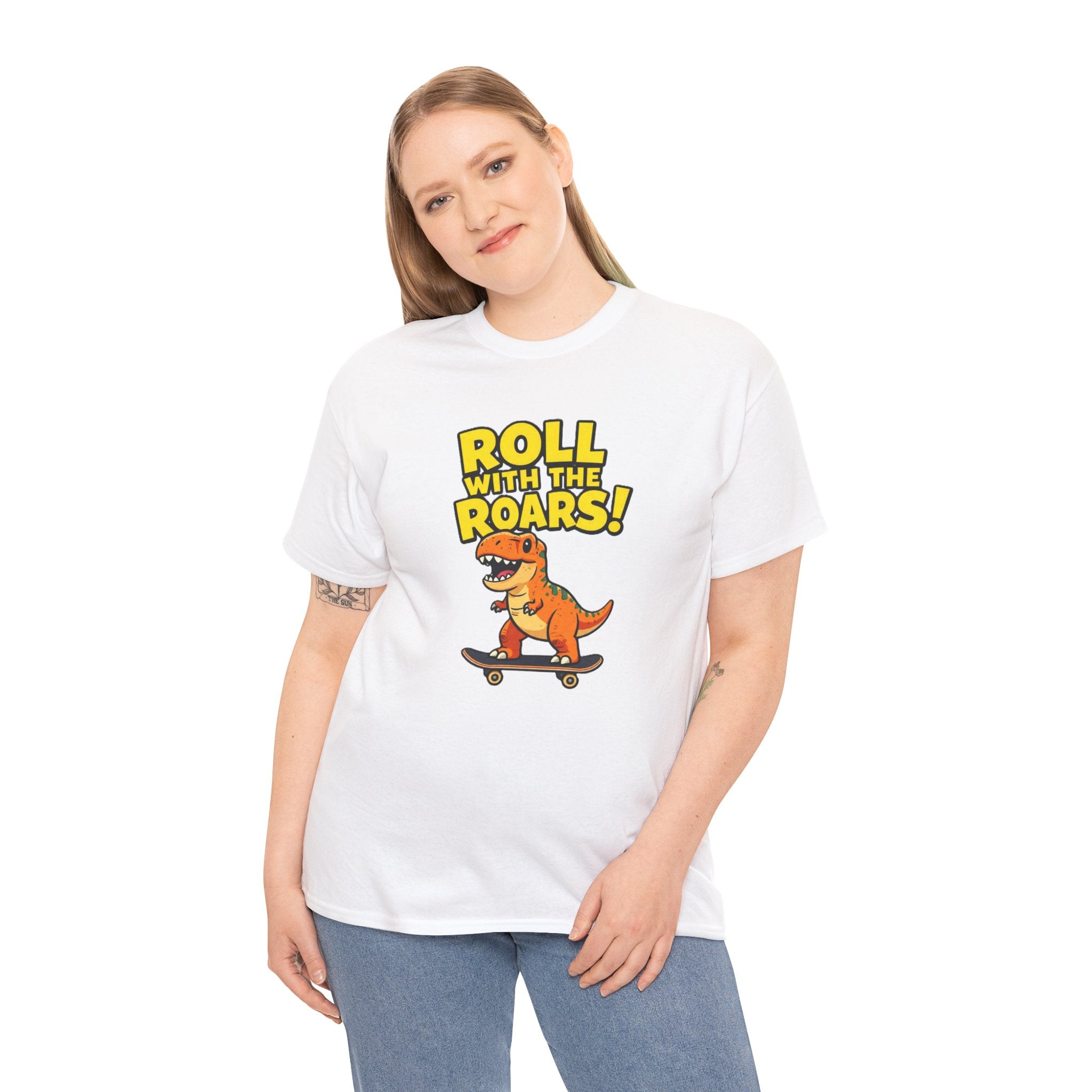 Roll With the Roars T-Shirt – Funny T-Rex Skateboard Cartoon Dinosaur | Dino Skater Graphic Tee