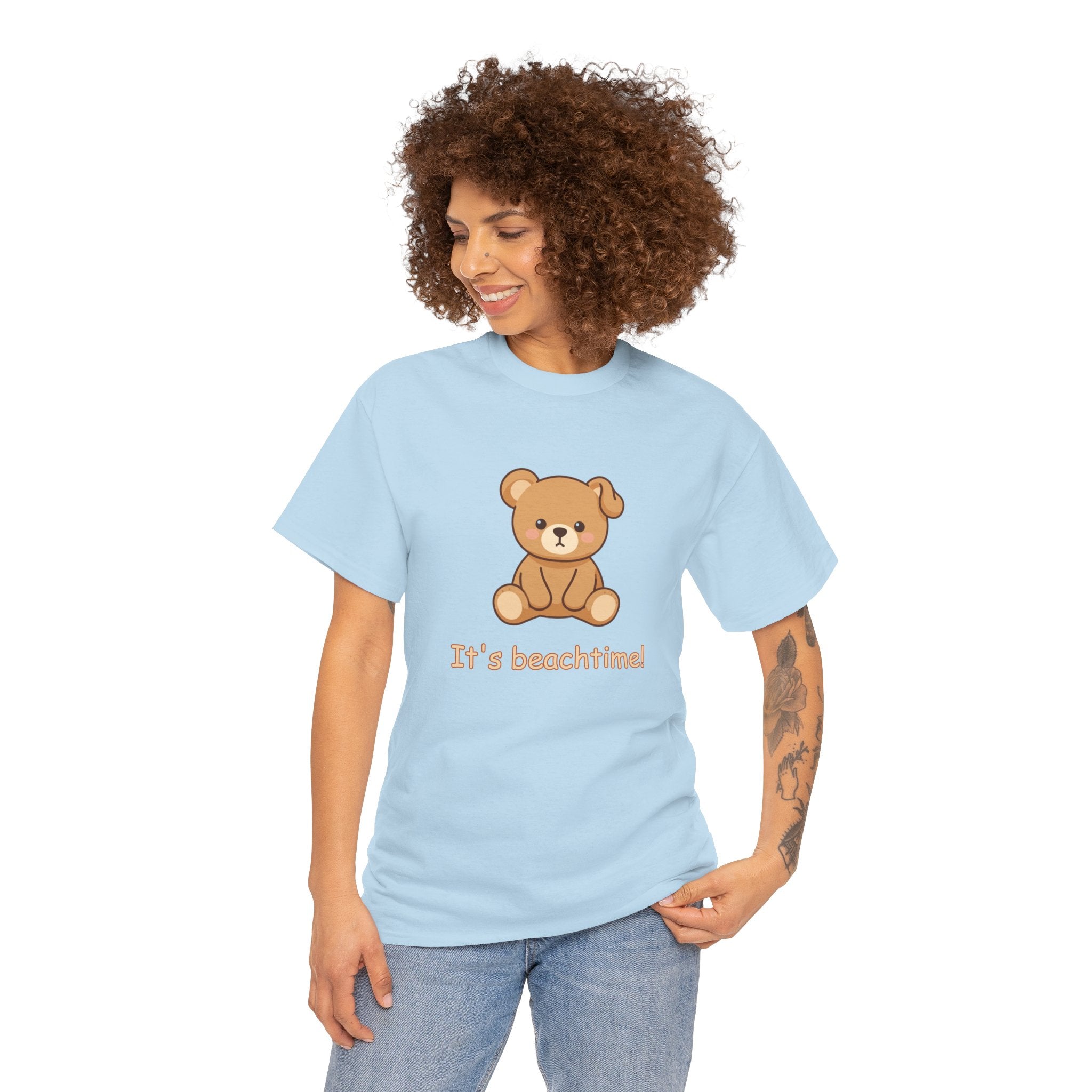 T-Shirt - Cute Teddy "It's Beachtime!" Graphic Tee - Cute Teddy Bear - BUSHY - T-Shirt The Bear With One Wonky Ear & Zero Regrets