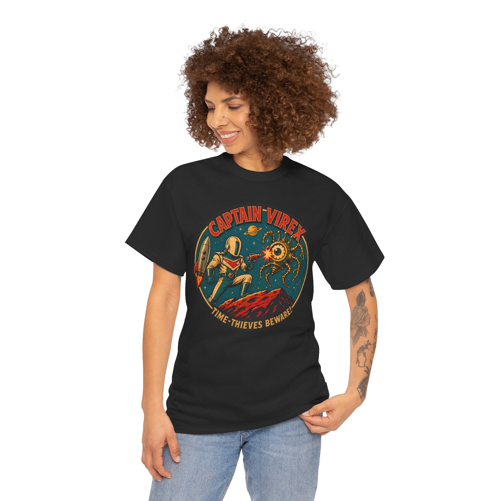 Captain Virex Retro Space Hero T-Shirt | Vintage Sci-Fi Robot Battle Graphic Tee | Classic 1950s Space Age Design