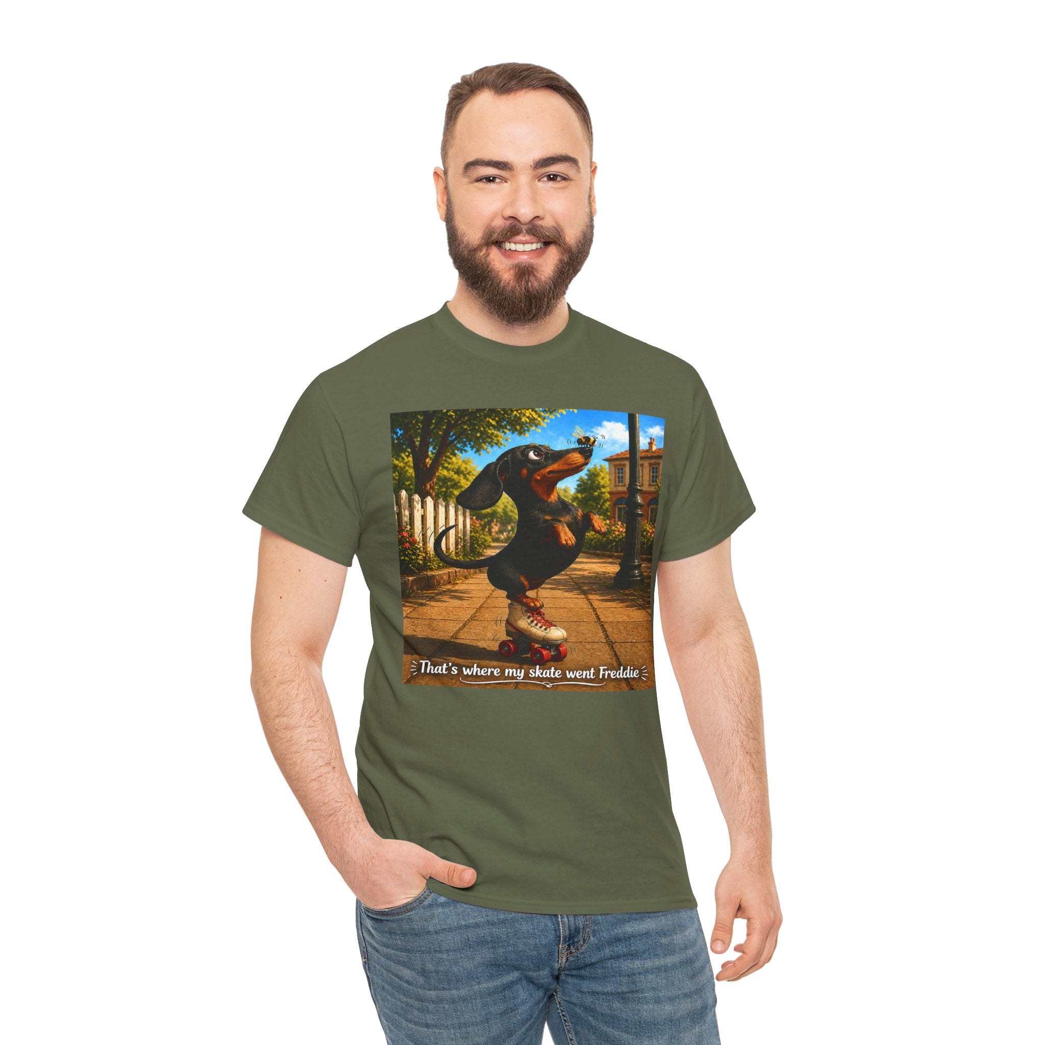 Dachshund on Skate T-Shirt — "That's Where My Skate Went Freddie" Retro Skate Tee