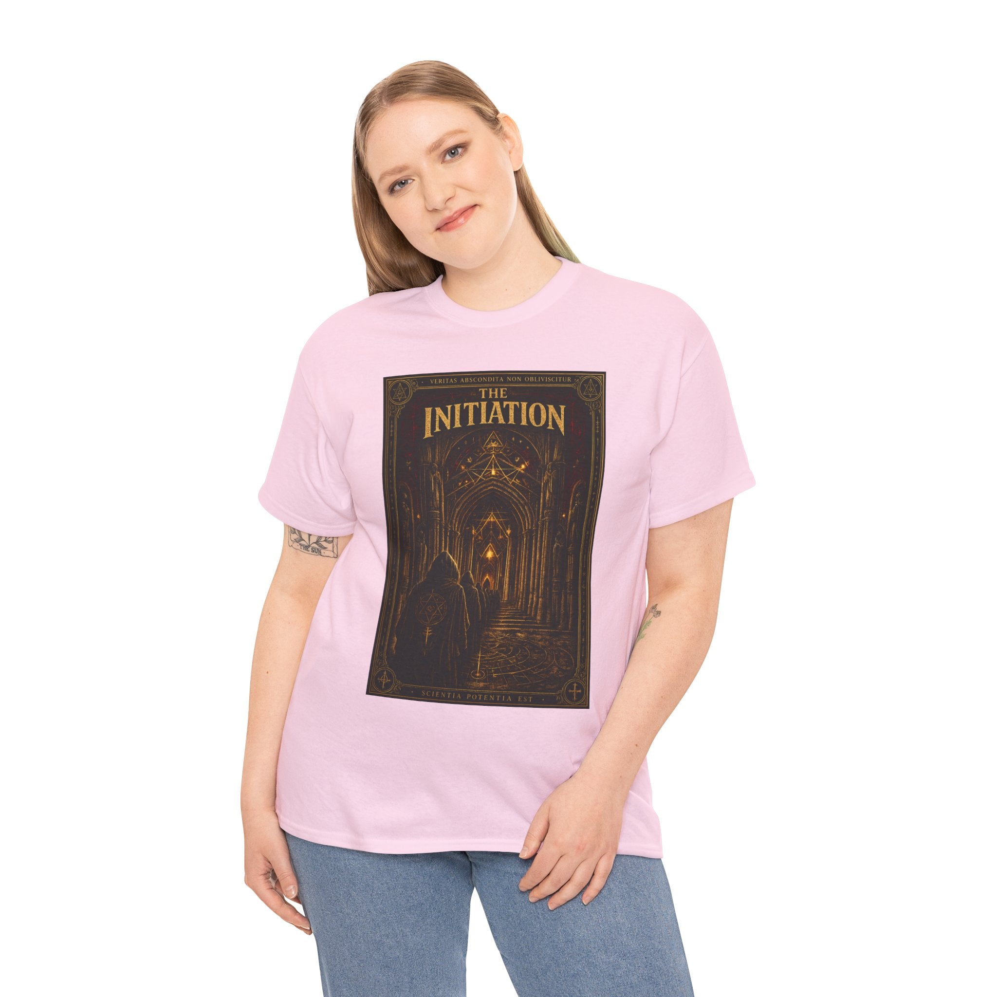 The Initiation T-Shirt | Gothic Cathedral Occult Graphic Tee | Hooded Ritual Procession Shirt | Dark Academia Mystic Art