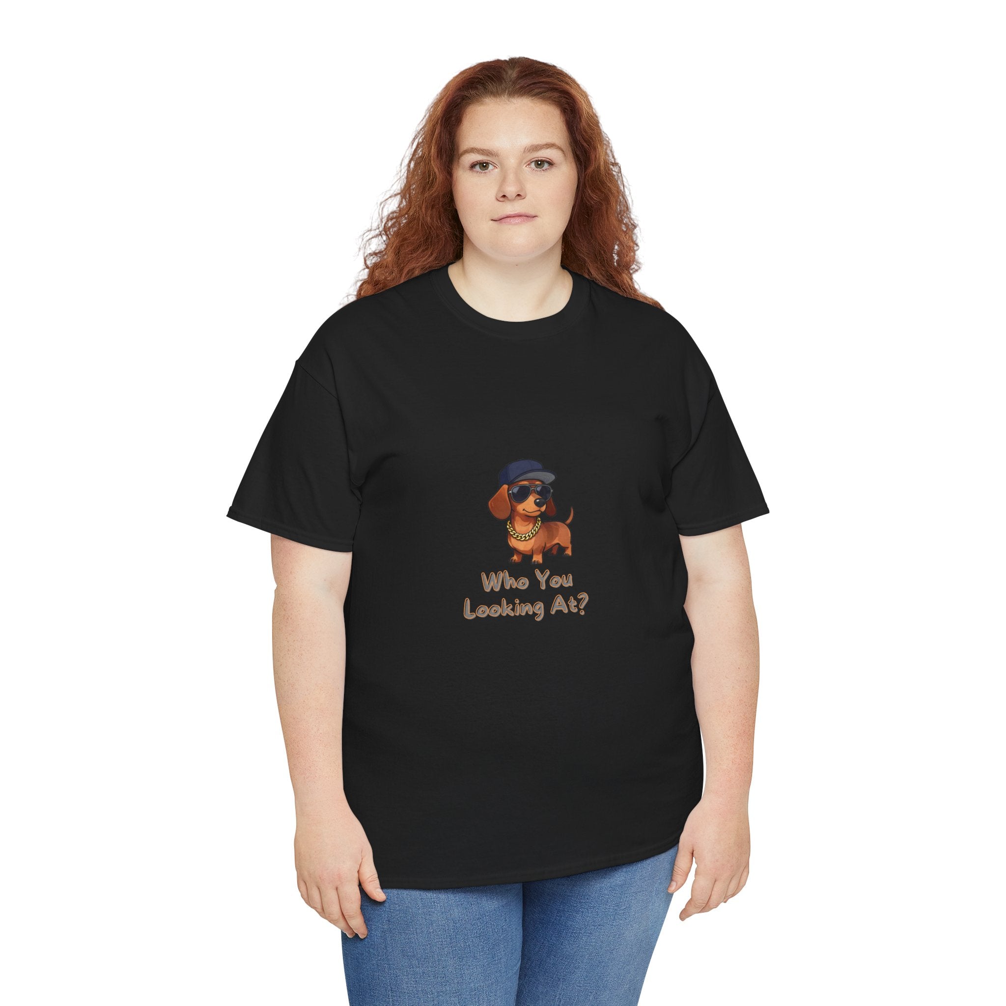 Who You Looking At T-Shirt – Swagger Dachshund Gold Chain Snapback Cool Dog | Funny Sausage Dog Wiener Dog Attitude Tee