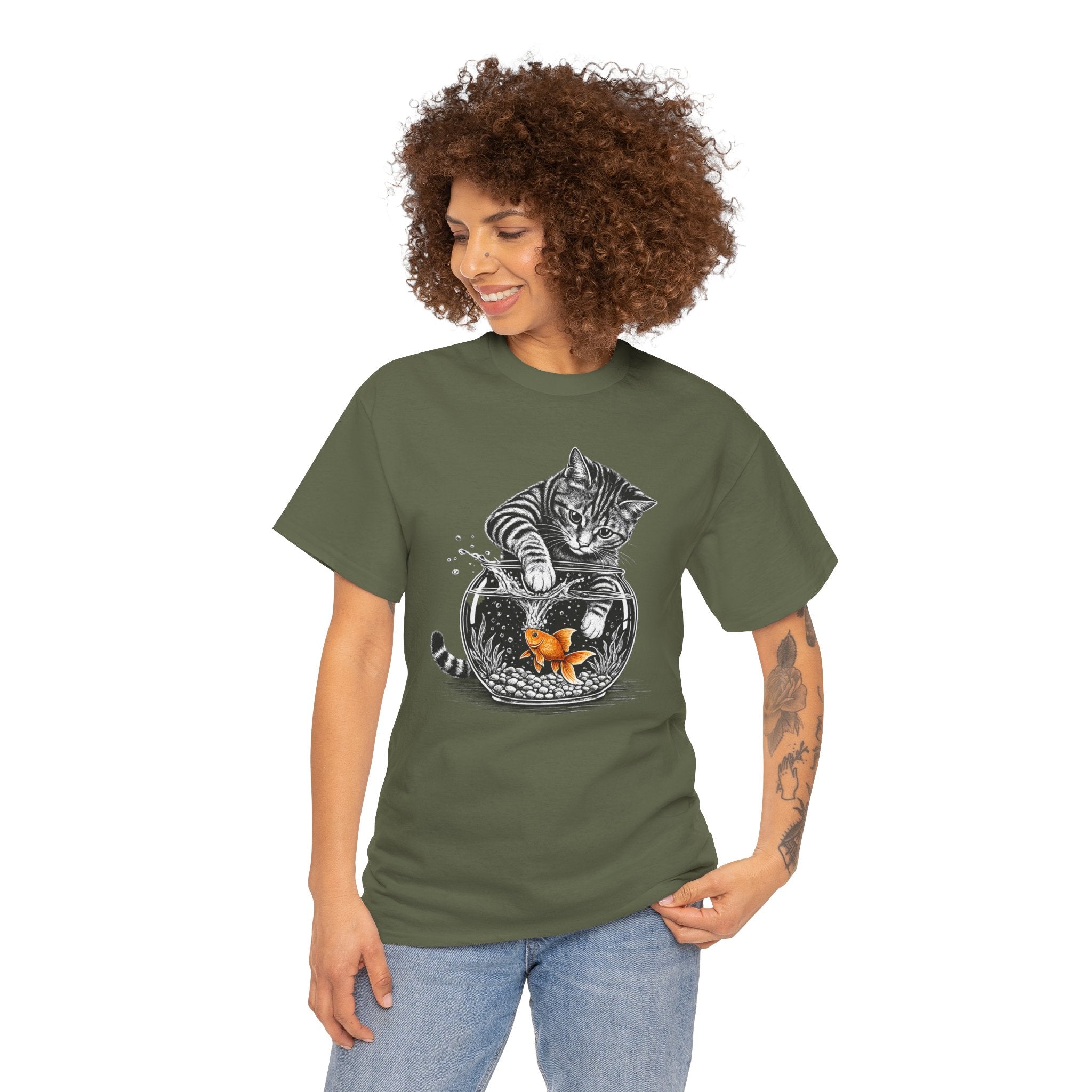 Cat and Goldfish T-Shirt  Dark – Funny Tabby Cat Fishing in Bowl Line Art | Cat Lover Kitten Graphic Tee