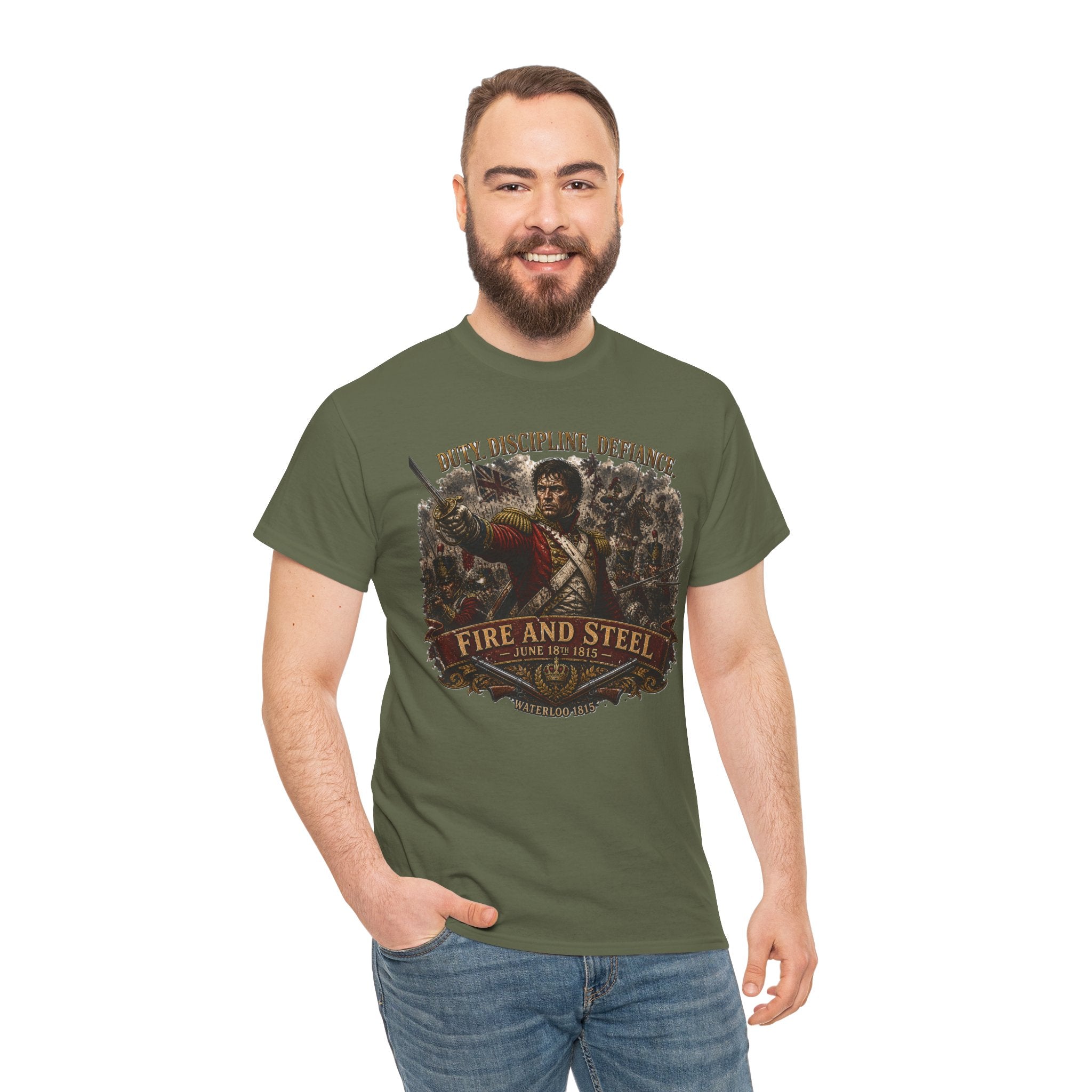 Fire and Steel — Waterloo 1815 T-Shirt | Duty. Discipline. Defiance. | British Officer Battle Graphic Tee | Napoleonic Wars Heritage Gift