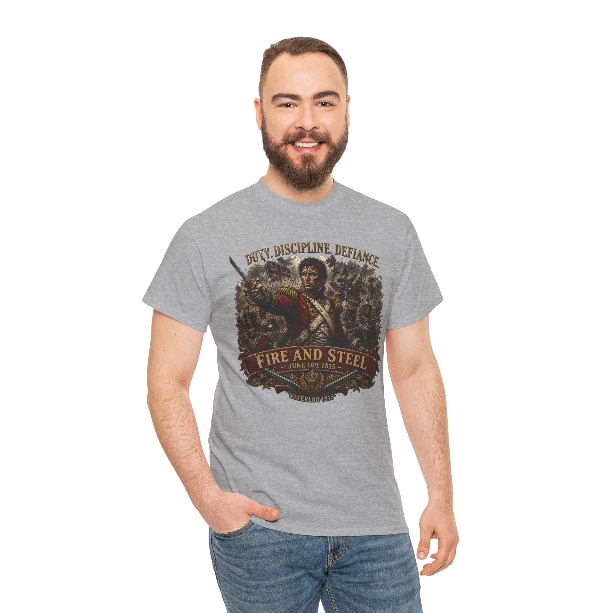 Fire and Steel — Waterloo 1815 T-Shirt | Duty. Discipline. Defiance. | British Officer Battle Graphic Tee | Napoleonic Wars Heritage Gift