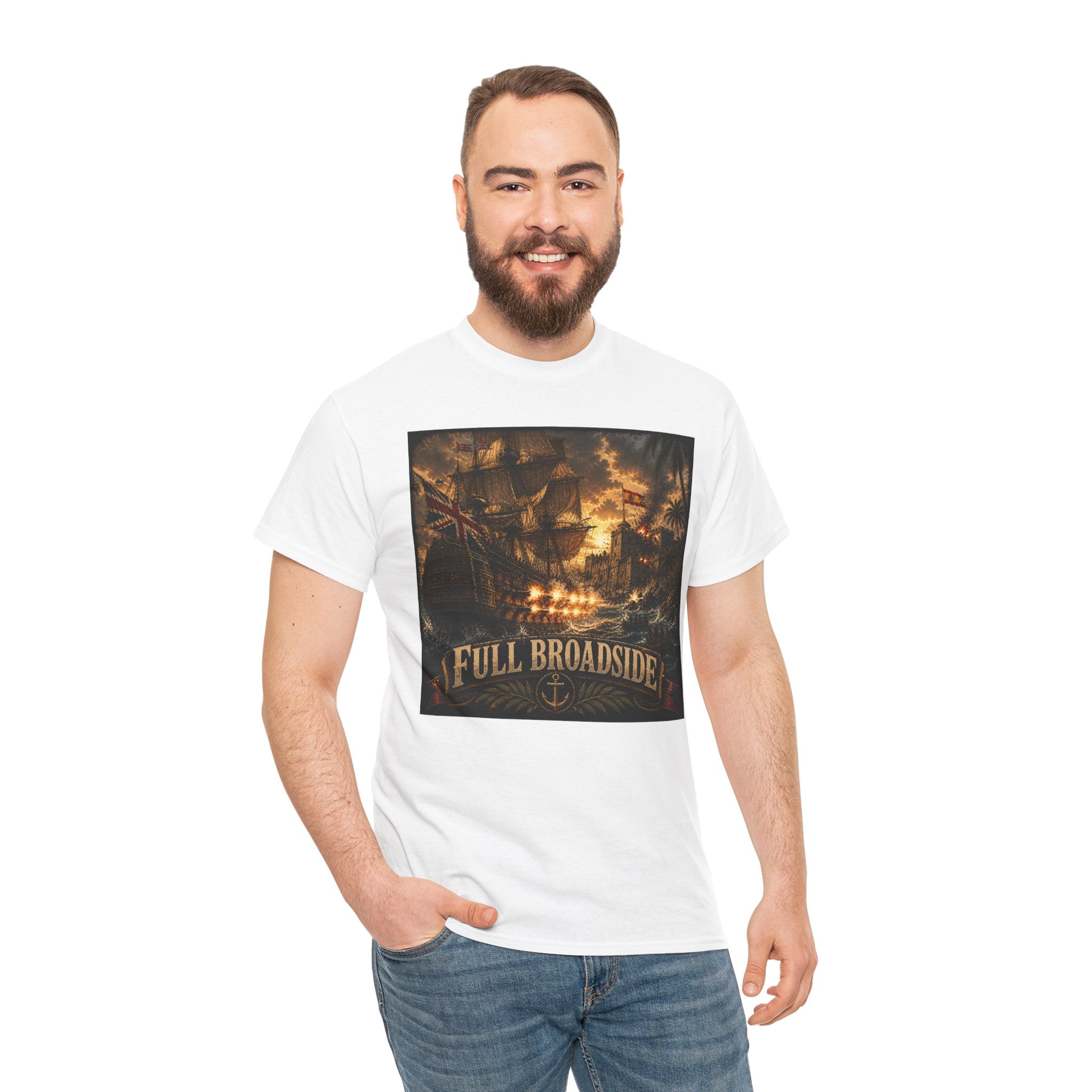 Full Broadside T-Shirt – British Warship Cannon Attack | Age of Sail Naval Battle Graphic Tee