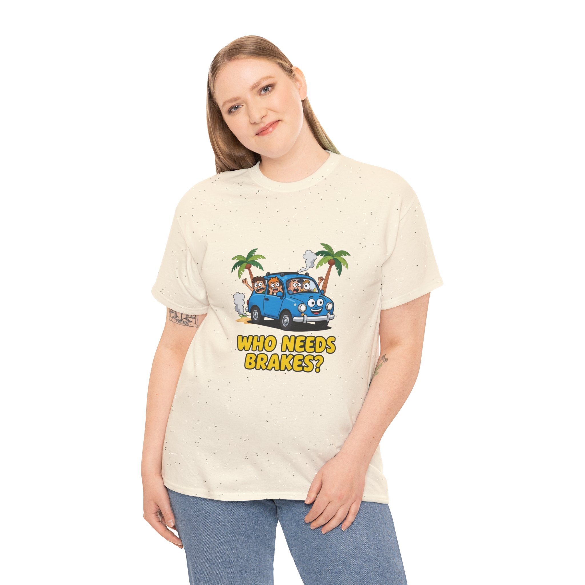 Who Needs Brakes T-Shirt – Funny Cartoon Car Holiday Road Trip | Terrified Passengers Driving Humour Graphic Tee