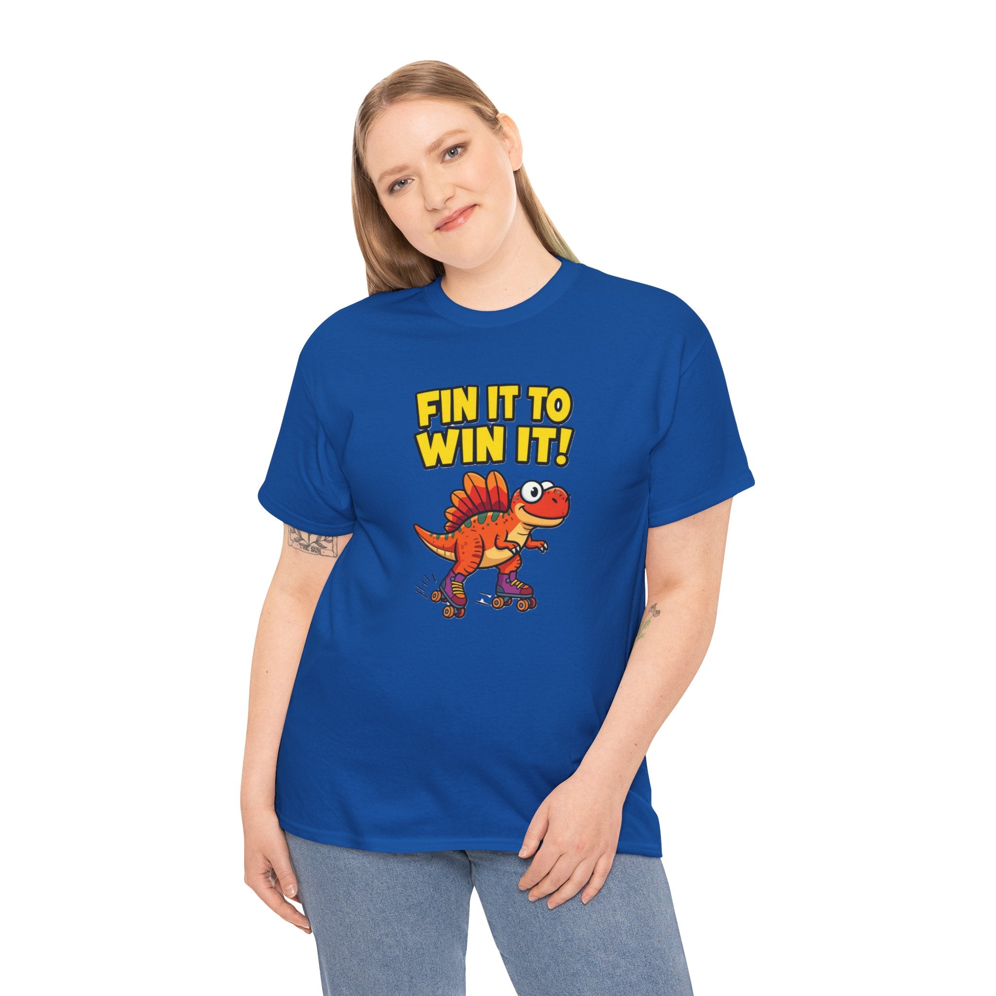 Fin It to Win It T-Shirt – Funny Spinosaurus Roller Skate Cartoon Dinosaur | Dino Skater Pun Graphic Tee