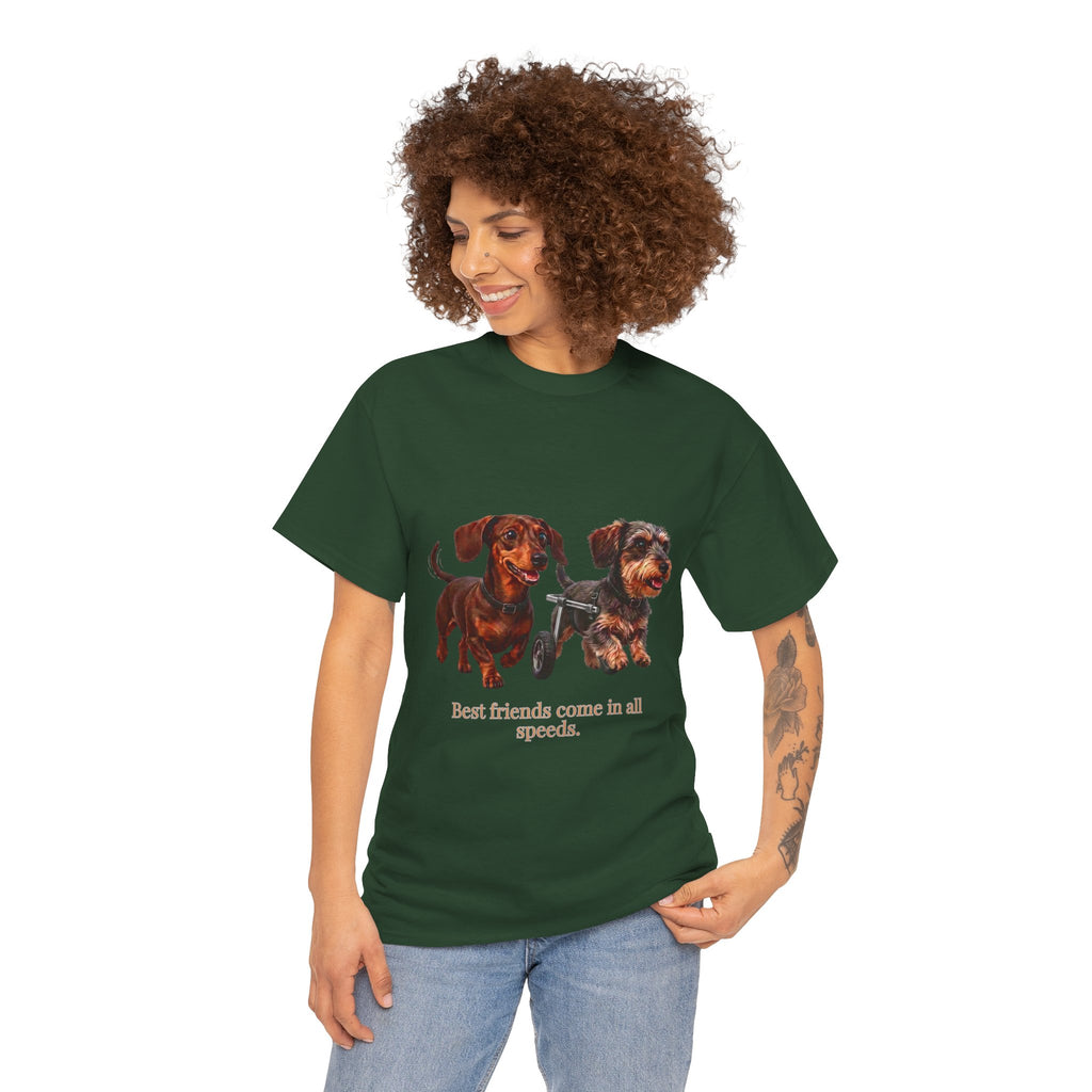 Dachshund Friends T‑Shirt — “Best Friends Come in All Speeds T-Shirt | Cute Dachshund Wheelchair Dog Tee | Heartwarming Furry Friends Graphic Dog Lover Tee