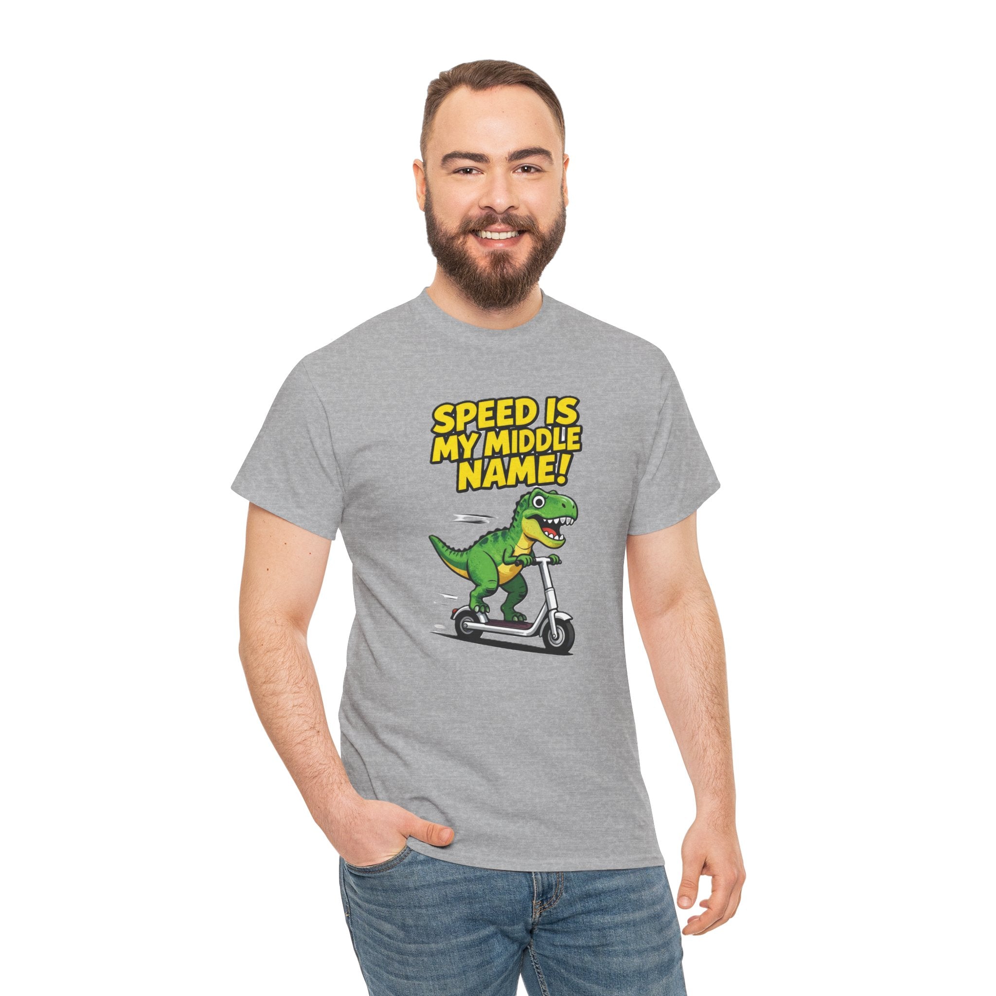 Speed Is My Middle Name T-Shirt – Funny T-Rex Electric Scooter Cartoon Dinosaur | Fast Dino Graphic Tee