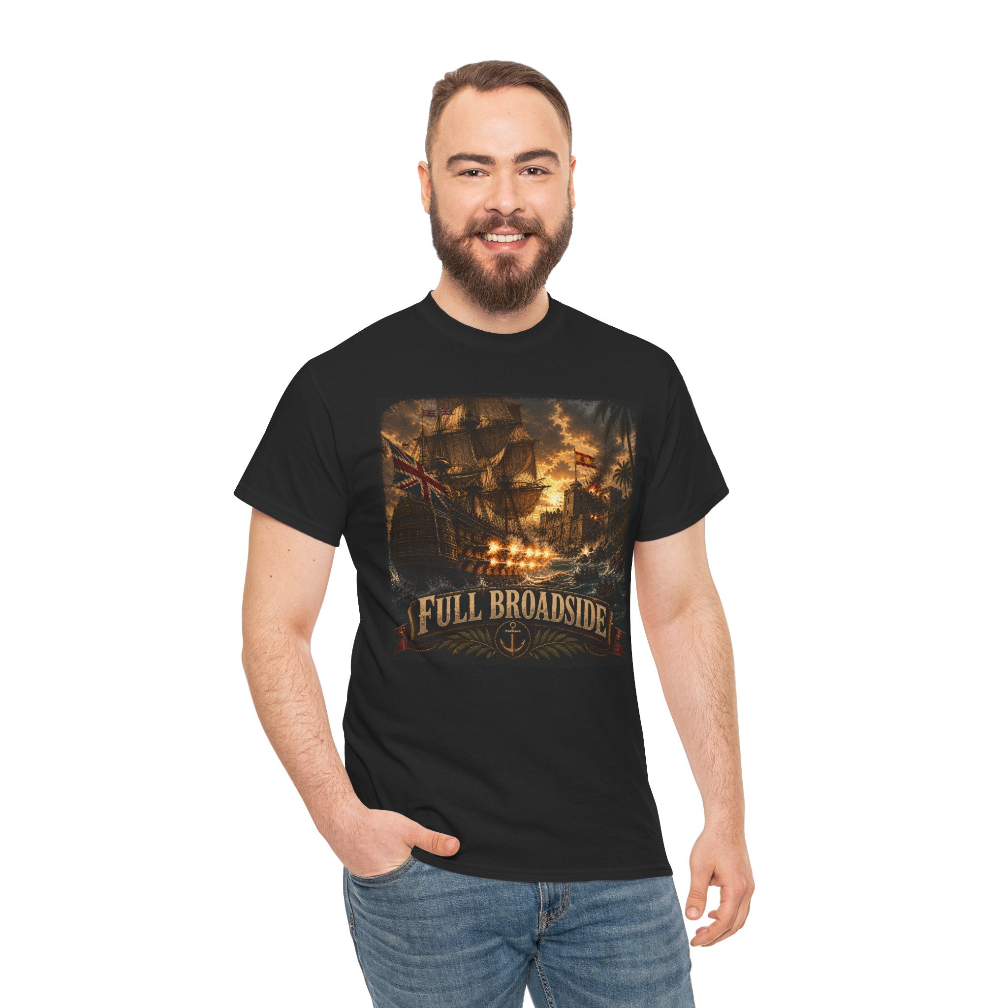 Full Broadside T-Shirt – British Warship Cannon Attack | Age of Sail Naval Battle Graphic Tee