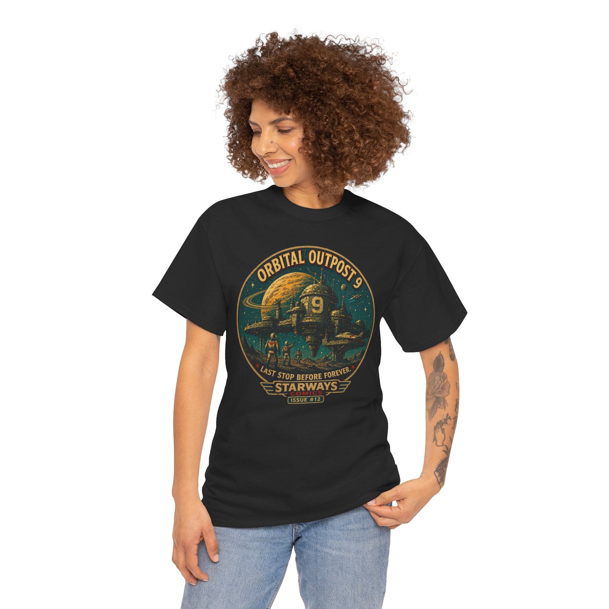 Orbital Outpost 9 T-Shirt | Retro Sci-Fi Space Station Graphic Tee | Vintage Astronaut Comic Shirt | Starways Comics Issue 12