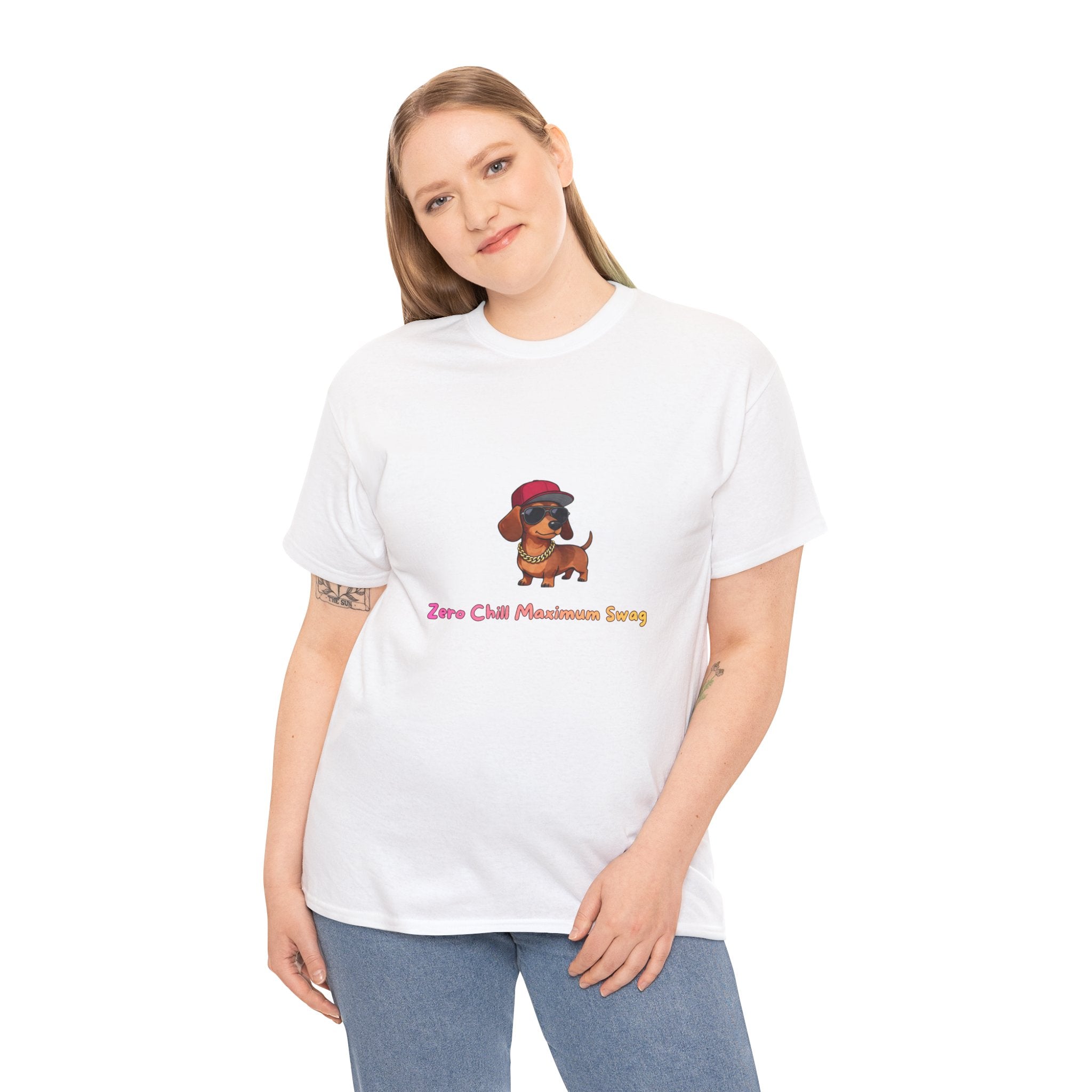 Zero Chill Maximum Swag T-Shirt – Funny Dachshund Hip Hop Attitude Gold Chain | Sausage Dog Wiener Dog Graphic Tee
