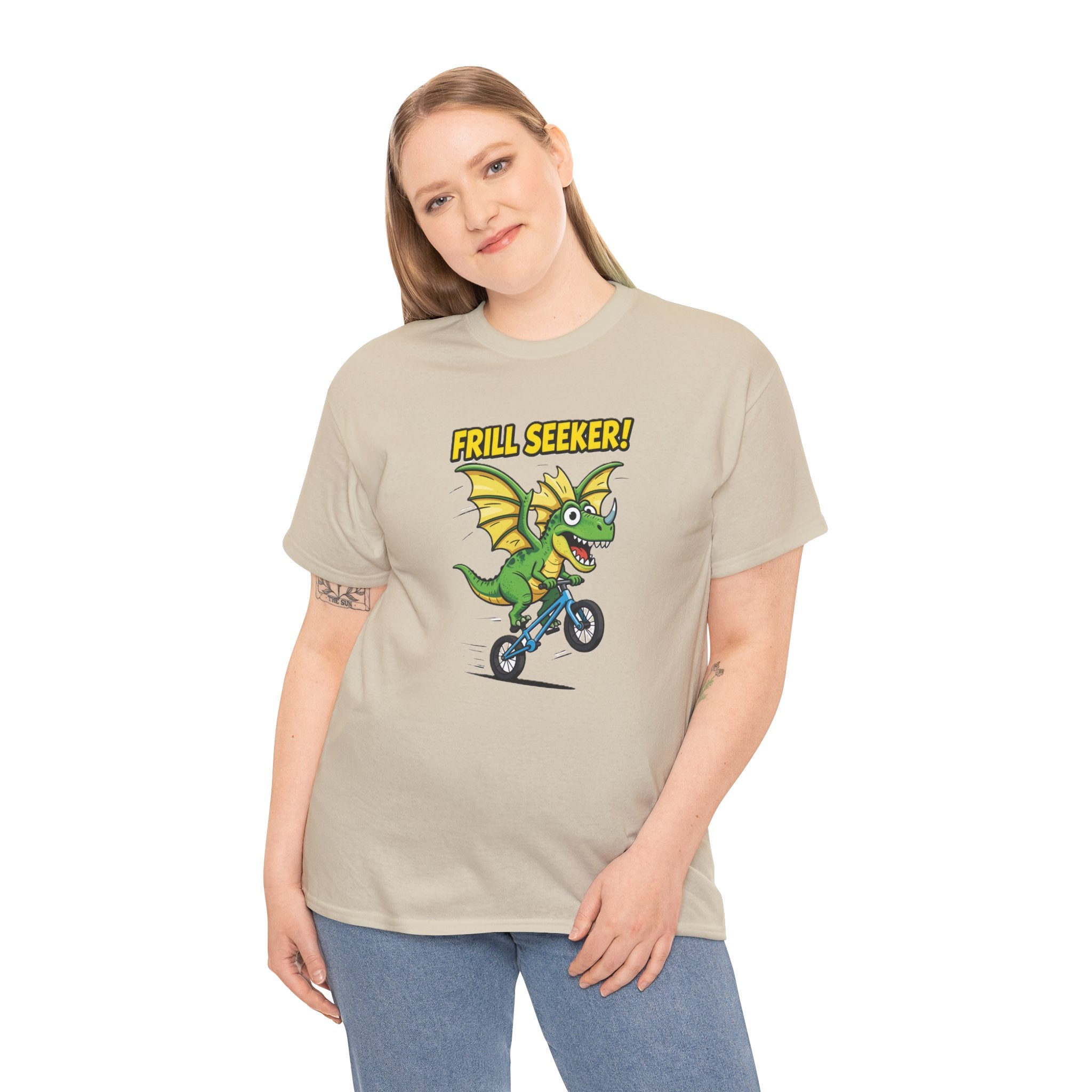 Frill Seeker T-Shirt – Funny Dragon Dinosaur BMX Bike Cartoon | Thrill Seeker Dino Pun Graphic Tee