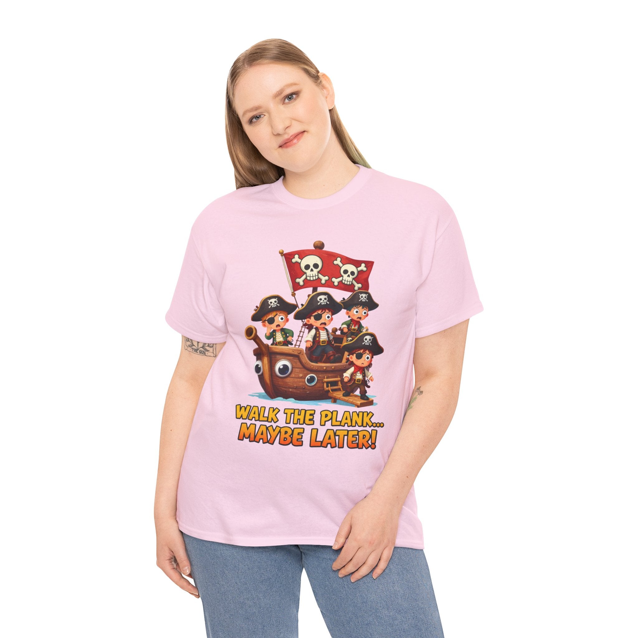 Walk the Plank Maybe Later T-Shirt – Funny Cartoon Pirate Ship Jolly Roger | Procrastination Humour Graphic Tee