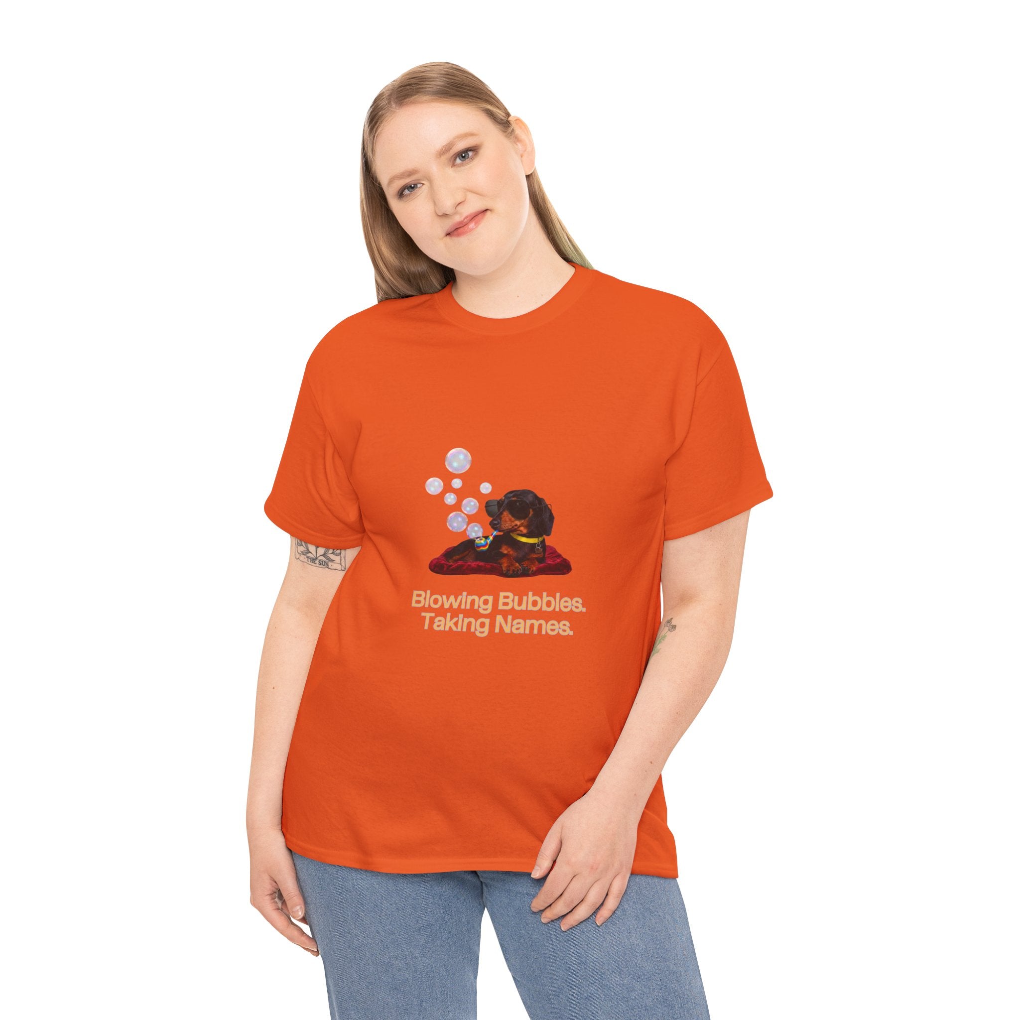 Blowing Bubbles Taking Names T-Shirt – Funny Cool Dachshund Sunglasses Bubble Pipe | Sausage Dog Wiener Dog Graphic Tee