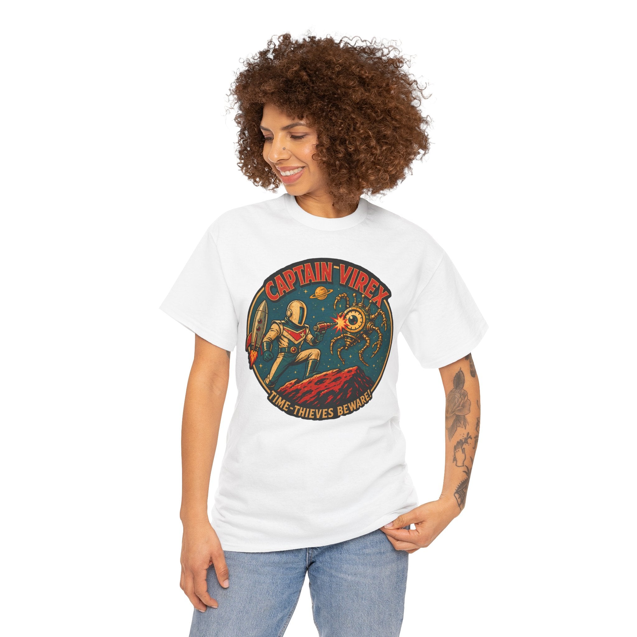 Captain Virex Retro Space Hero T-Shirt | Vintage Sci-Fi Robot Battle Graphic Tee | Classic 1950s Space Age Design