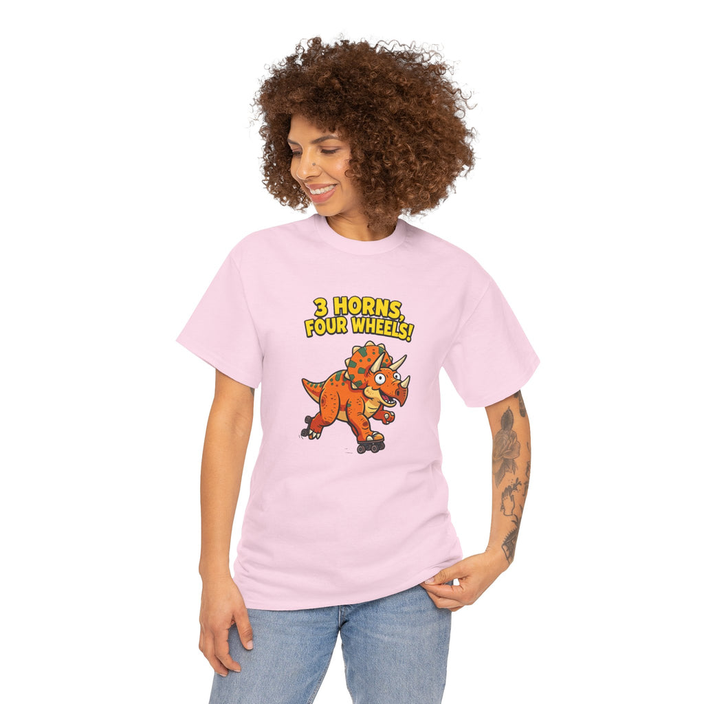 3 Horns Four Wheels T-Shirt – Funny Triceratops Roller Skate Cartoon Dinosaur | Dino Skater Graphic Tee