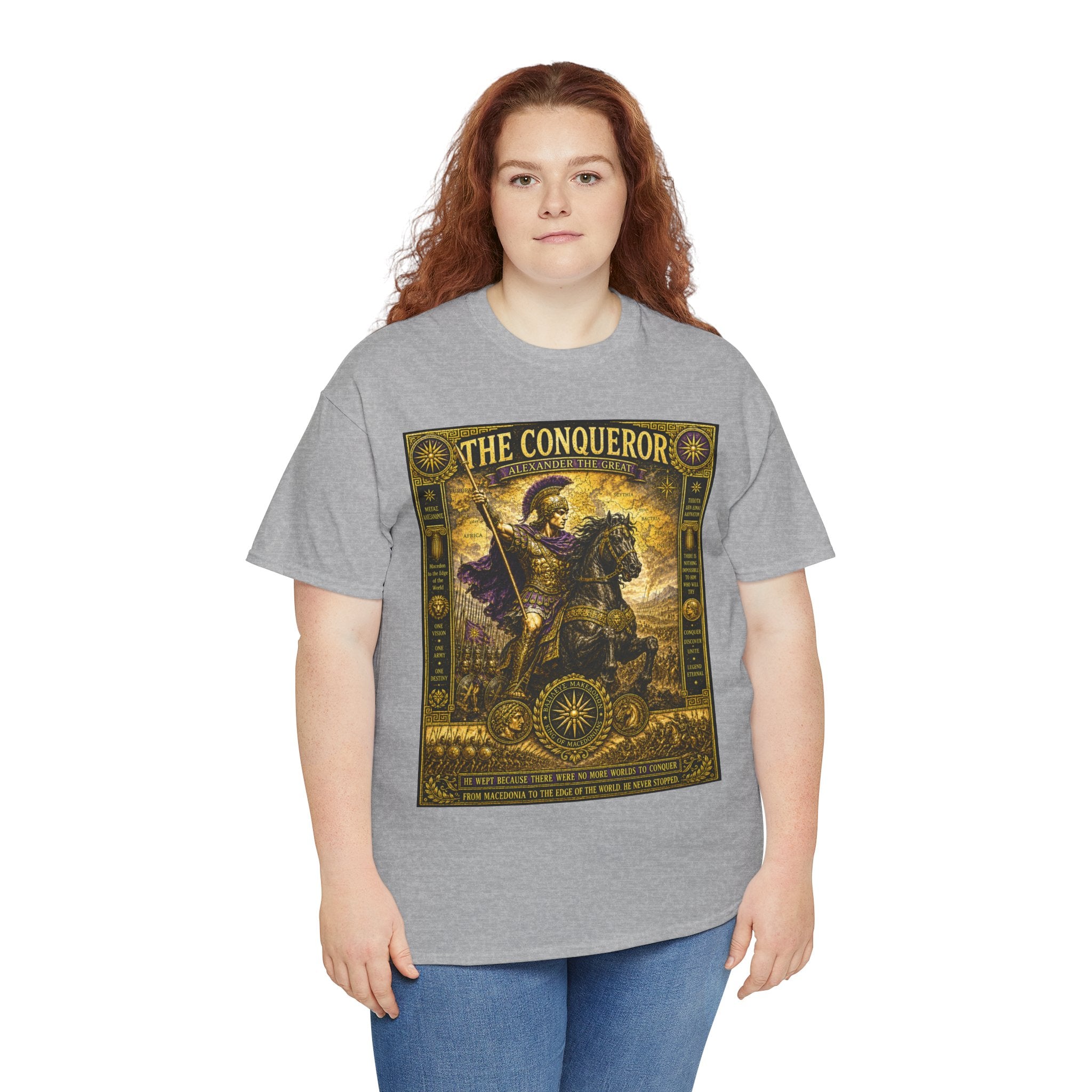 The Conqueror – Alexander the Great Macedonian Empire Ancient Battle Graphic T-Shirt - He wept because there were no more worlds to conquer.