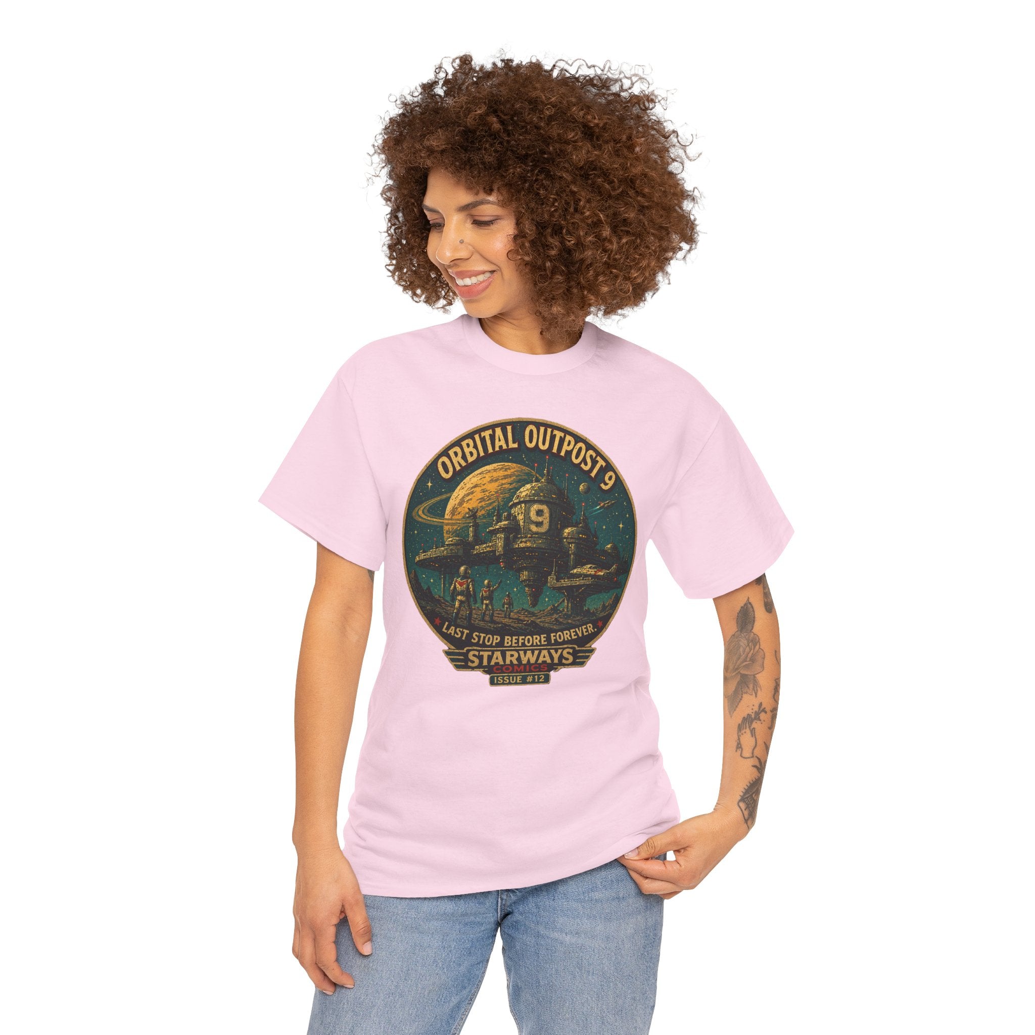 Orbital Outpost 9 T-Shirt | Retro Sci-Fi Space Station Graphic Tee | Vintage Astronaut Comic Shirt | Starways Comics Issue 12