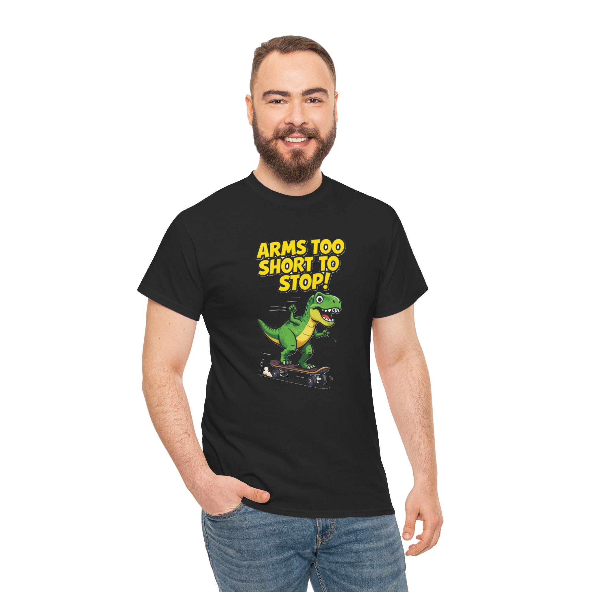 Arms Too Short to Stop T-Shirt – Funny T-Rex Skateboard Cartoon Dinosaur | T-Rex Arms Pun Graphic Tee