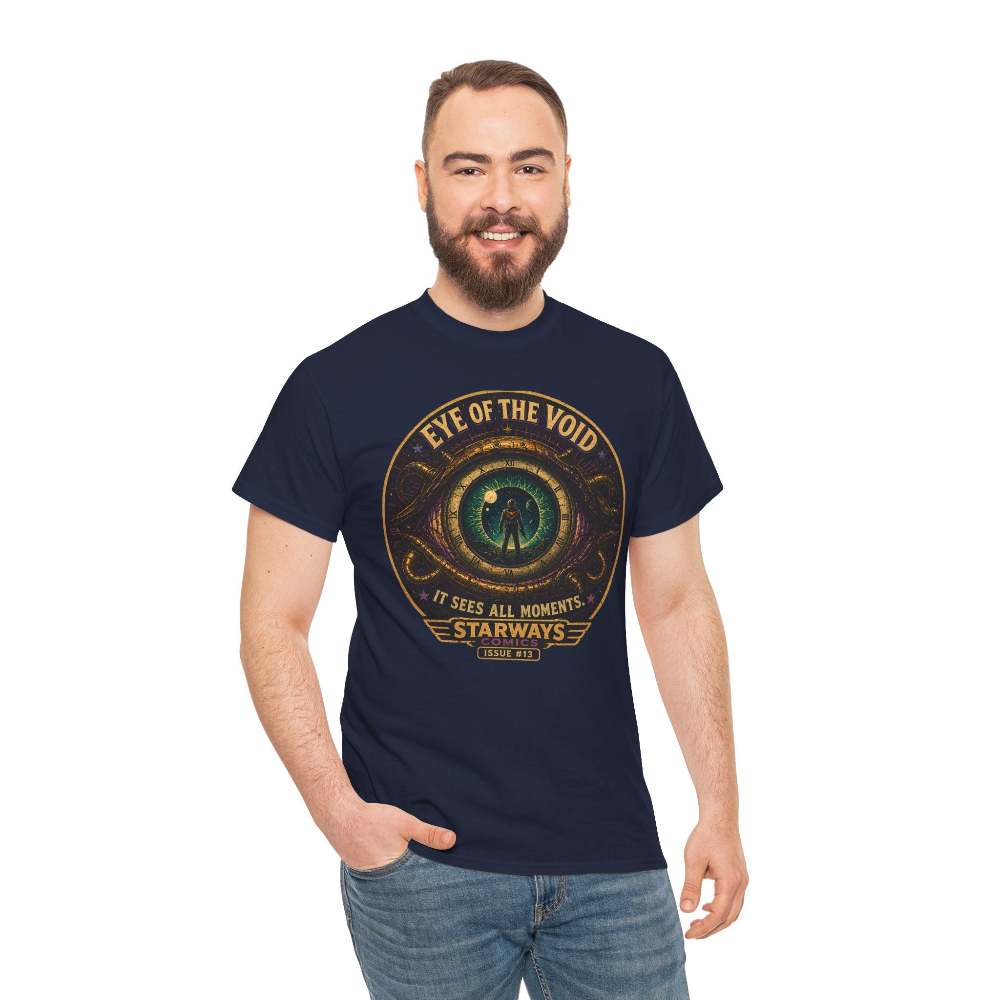 Eye of the Void T-Shirt | Retro Sci-Fi Cosmic Clock Graphic Tee | Vintage Astronaut Comic Shirt | Starways Comics Issue 13