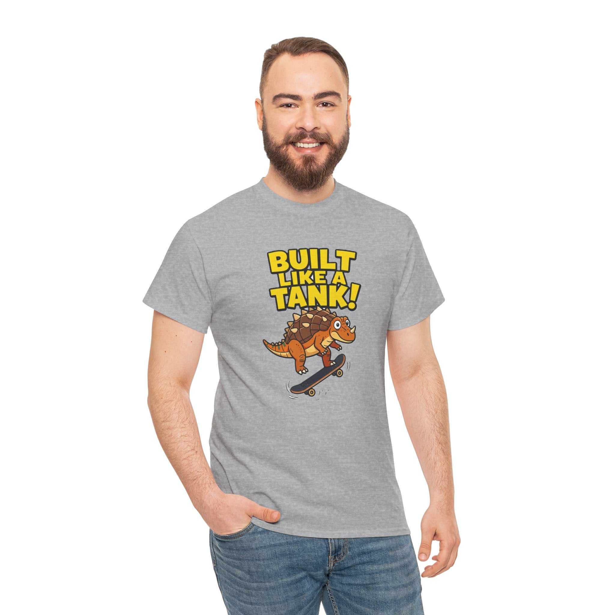 Built Like a Tank T-Shirt – Funny Ankylosaurus Skateboard Cartoon Dinosaur | Armoured Dino Skater Graphic Tee