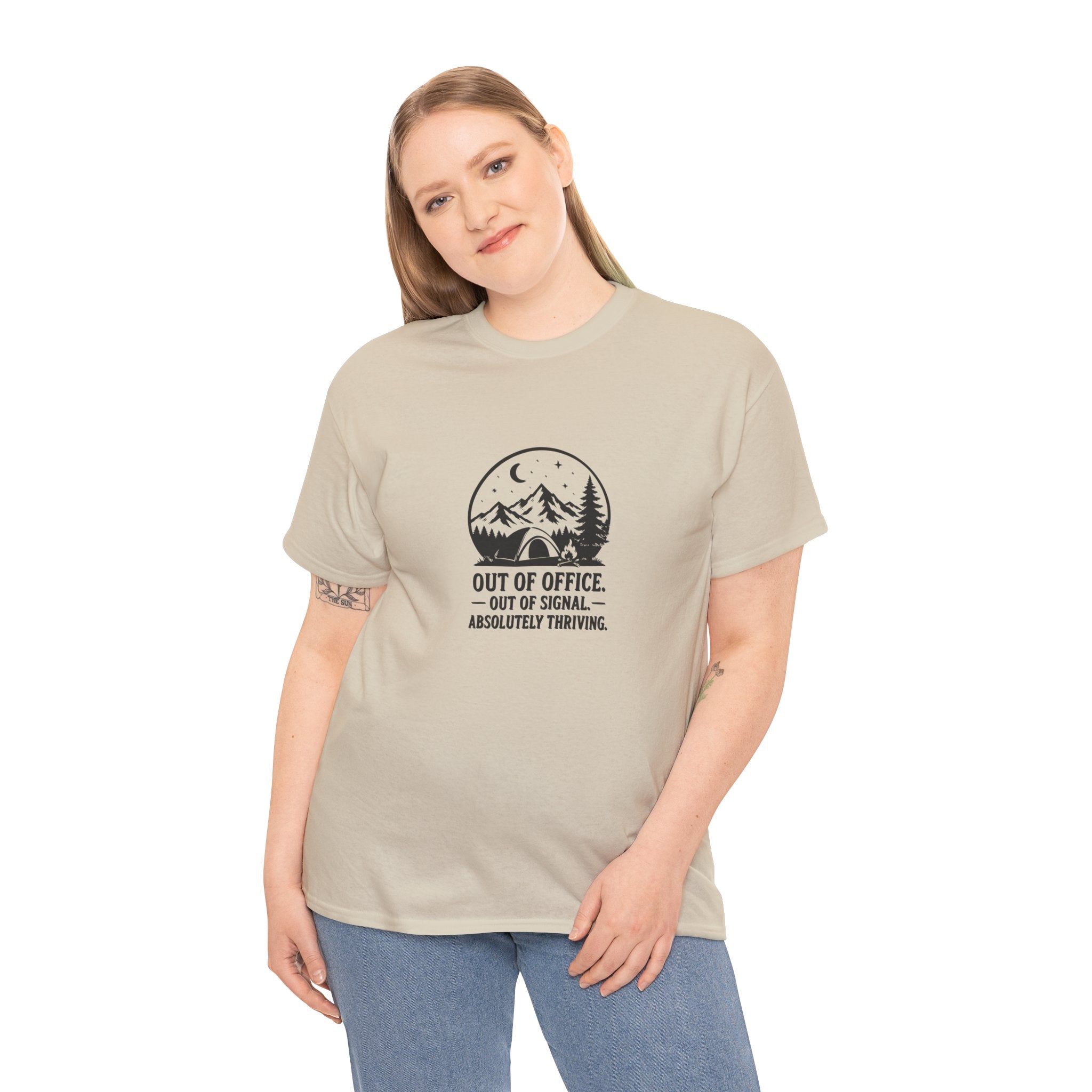 Out of Office Camping T‑Shirt — “Out of Office, Out of Signal, Absolutely Thriving”