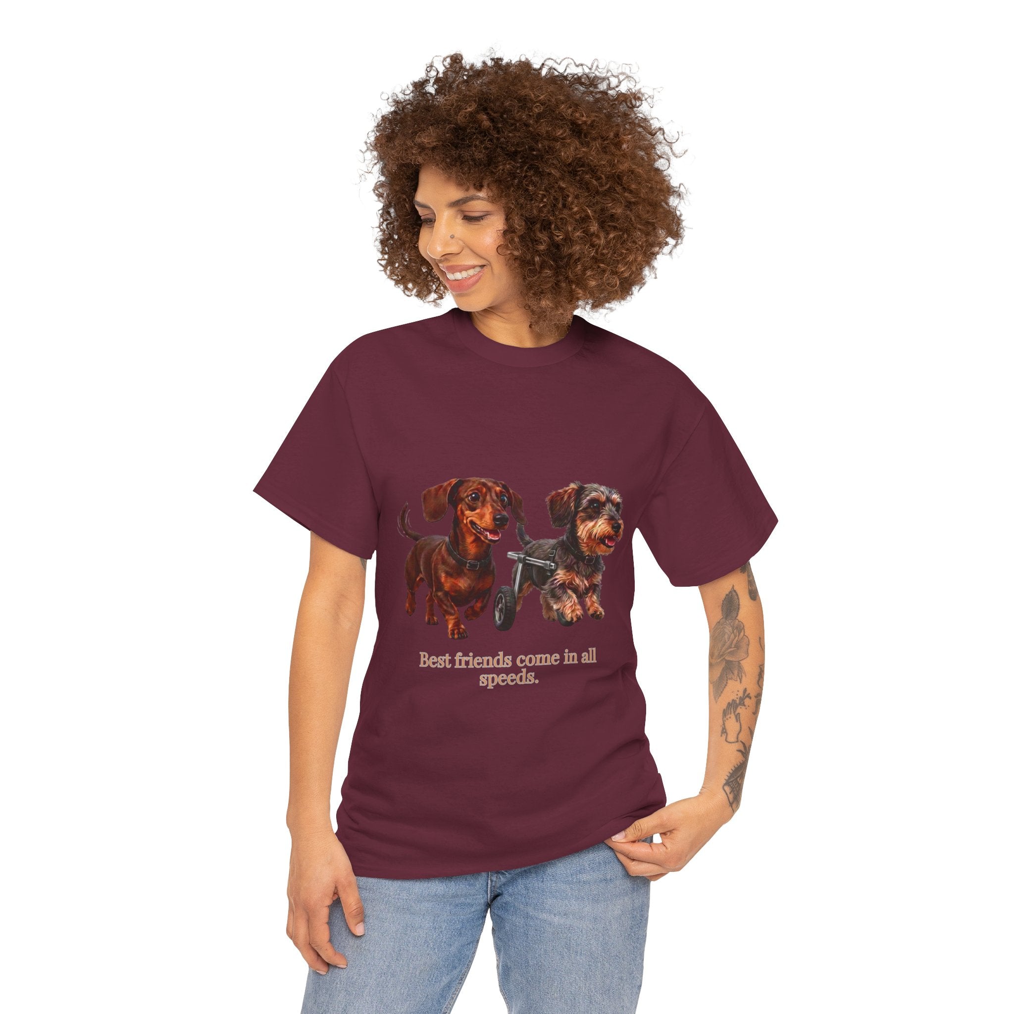 Dachshund Friends T‑Shirt — “Best Friends Come in All Speeds T-Shirt | Cute Dachshund Wheelchair Dog Tee | Heartwarming Furry Friends Graphic Dog Lover Tee