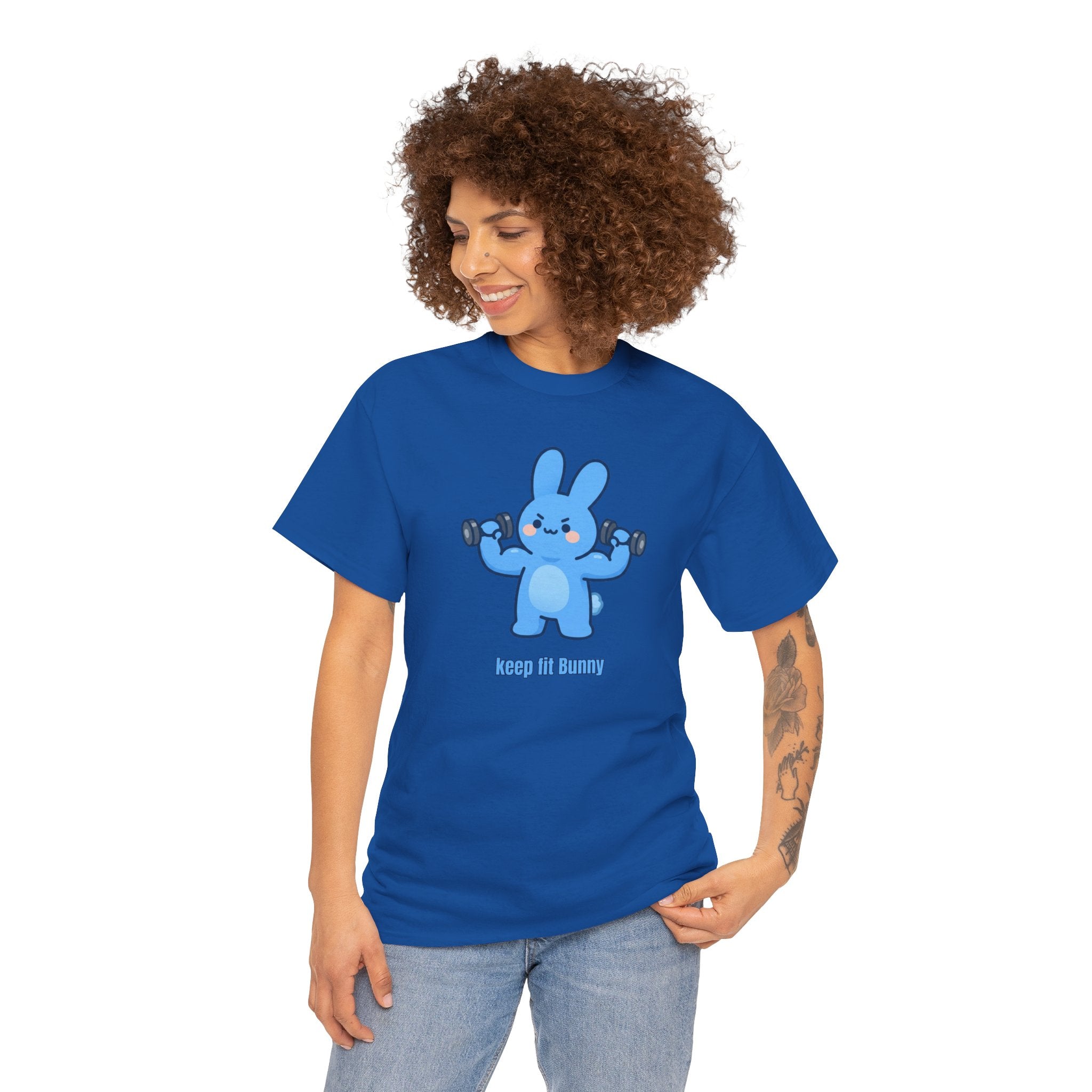 Cute Blue Bunny Weightlifting Tee — "Keep it Bunny" Fitness T-Shirt - Cute AND strong?! 💪🐰 Meet Keep Fit Bunny — pumping dumbbells, flexing hard, and looking absolutely determined. The most motivated little bunny you'll ever meet!