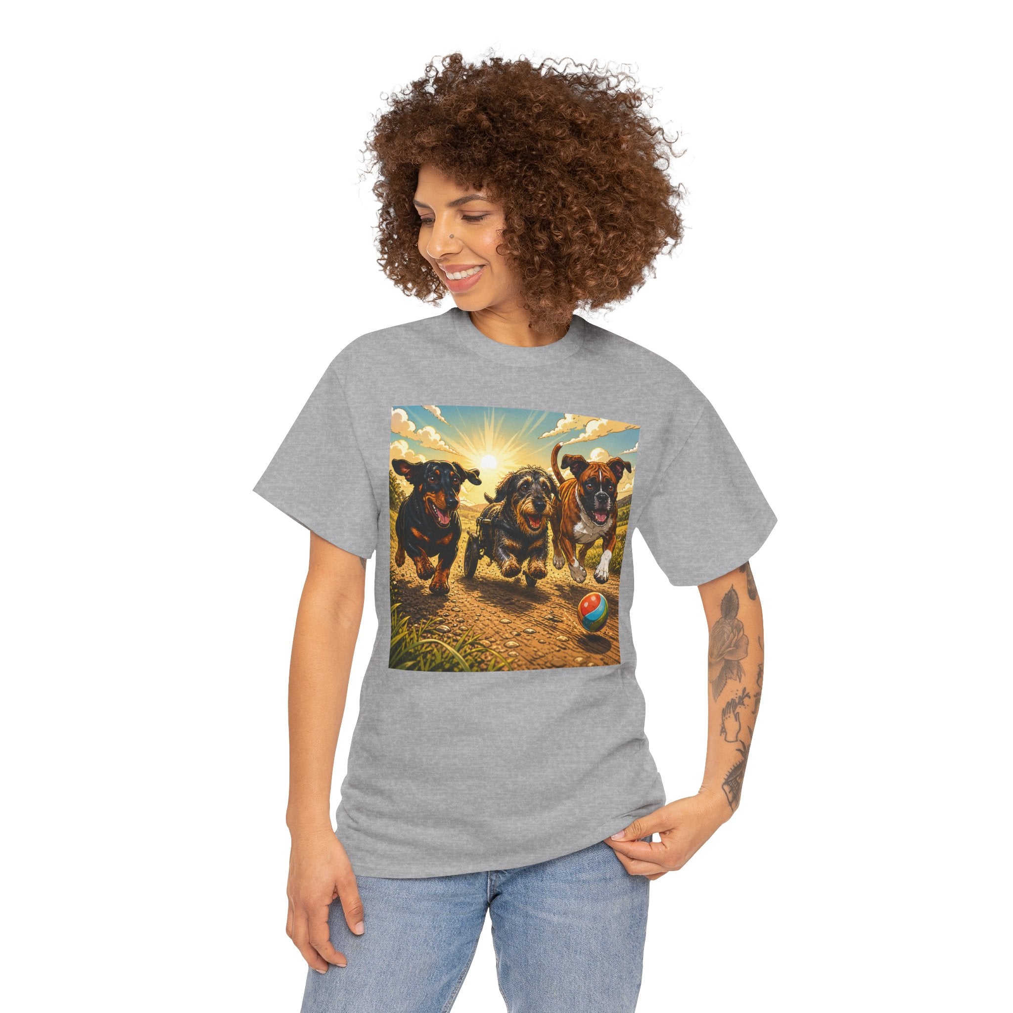 Three Dogs No Limits T-Shirt | Wheelchair Dachshund Boxer Friendship Tee | Inclusive Pet Lover Graphic Shirt |Dog Awareness Gift
