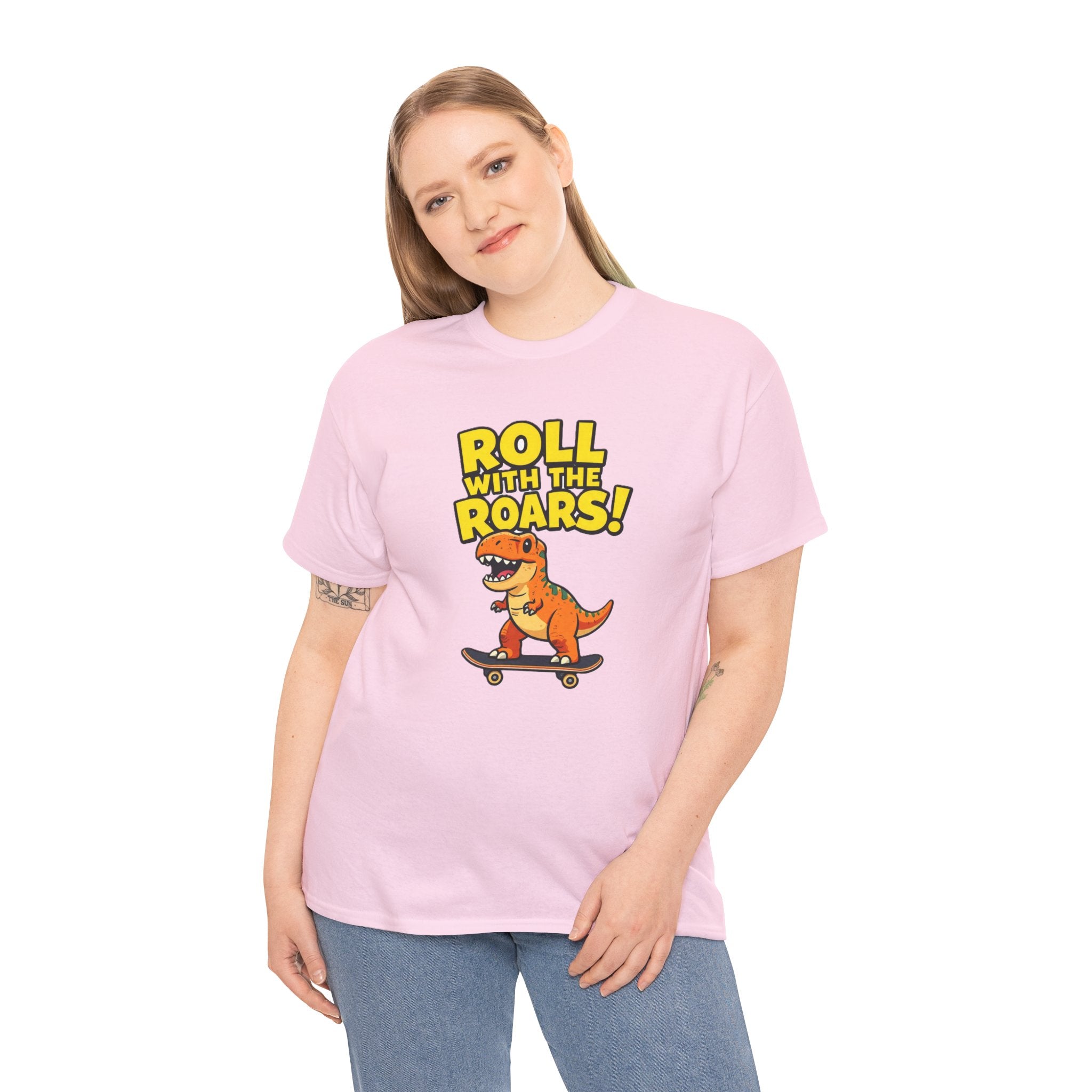 Roll With the Roars T-Shirt – Funny T-Rex Skateboard Cartoon Dinosaur | Dino Skater Graphic Tee