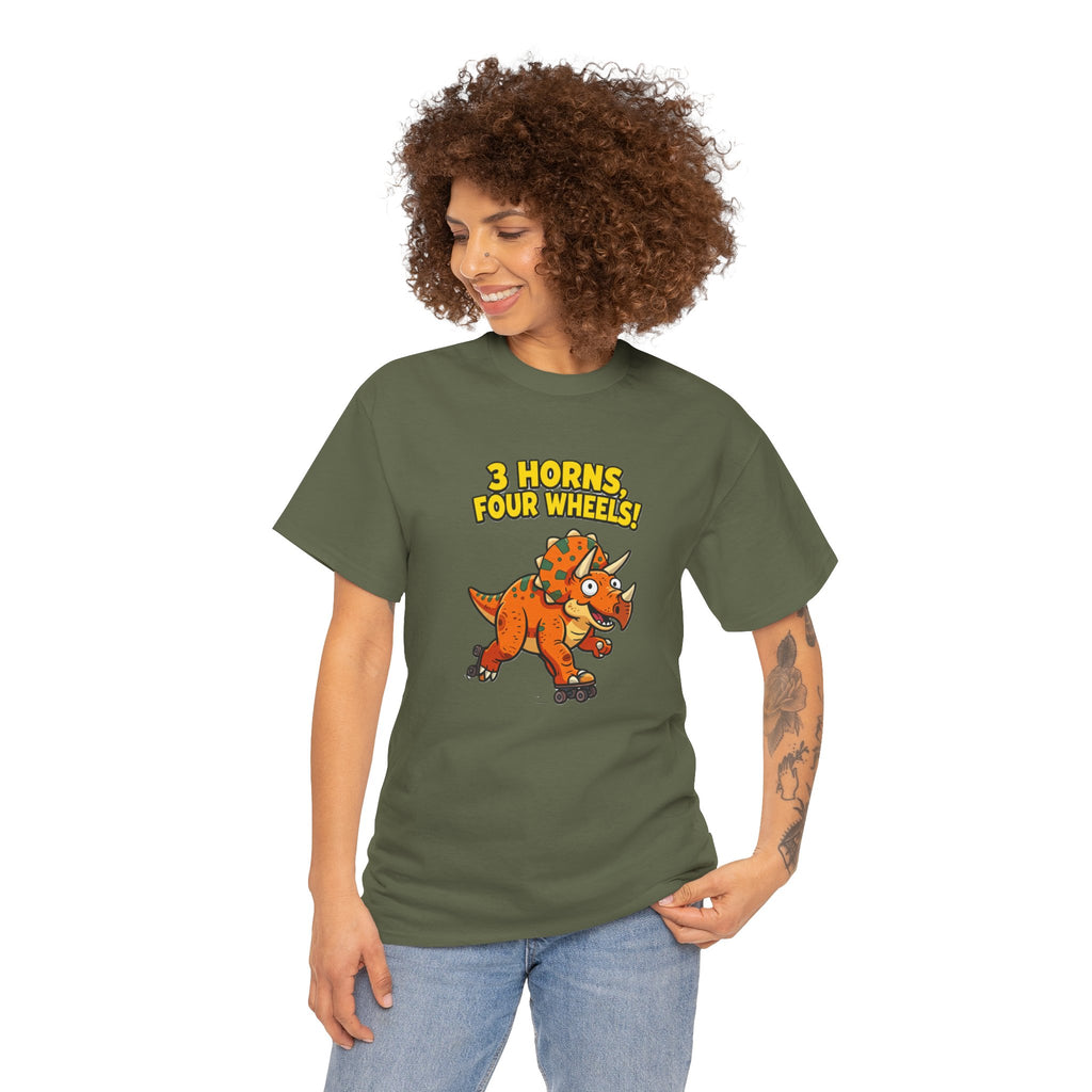 3 Horns Four Wheels T-Shirt – Funny Triceratops Roller Skate Cartoon Dinosaur | Dino Skater Graphic Tee