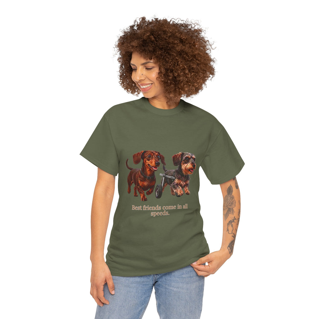 Dachshund Friends T‑Shirt — “Best Friends Come in All Speeds T-Shirt | Cute Dachshund Wheelchair Dog Tee | Heartwarming Furry Friends Graphic Dog Lover Tee