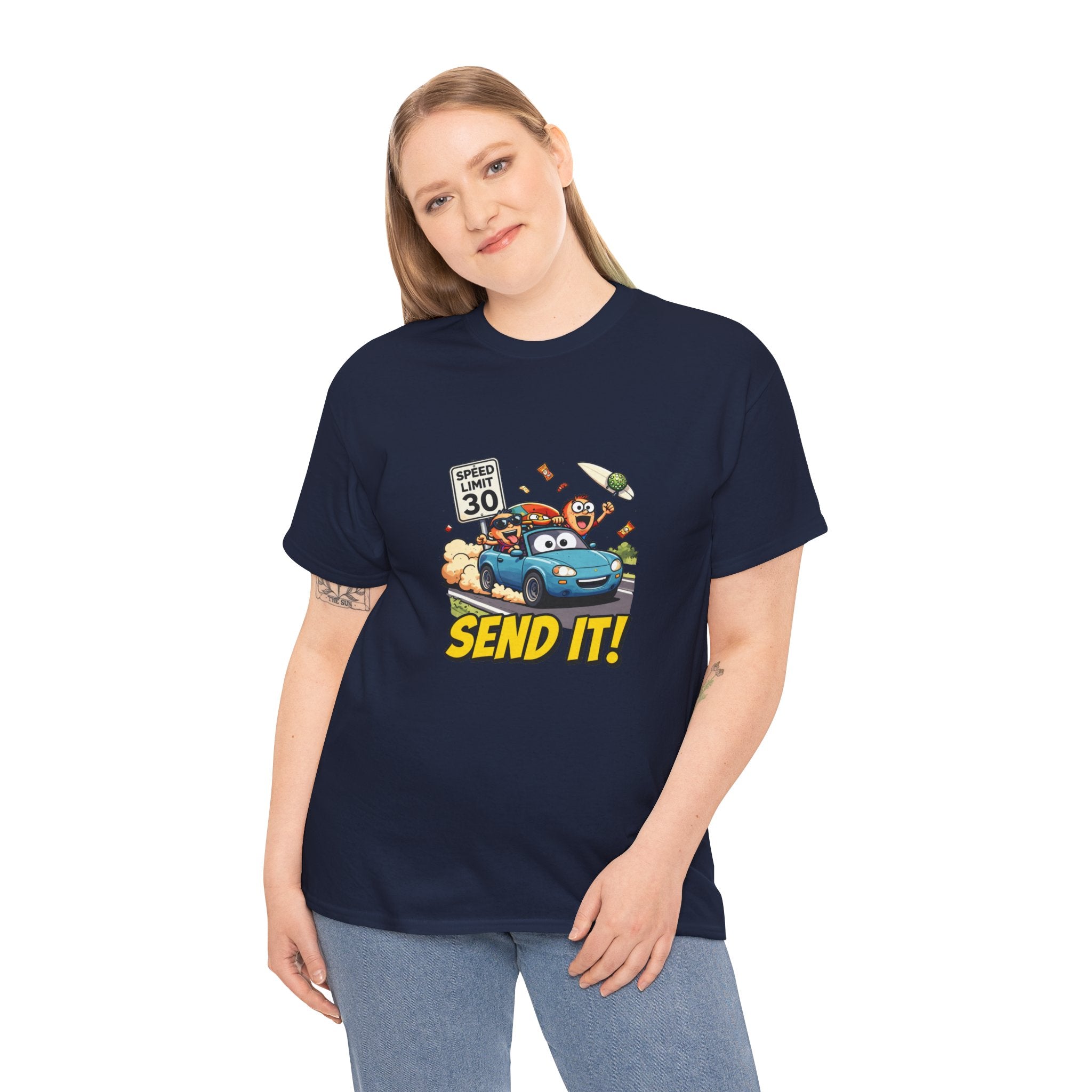 Send It T-Shirt – Funny Car Road Trip Speed Limit Graphic Tee | Cartoon Convertible Motorsport Humour