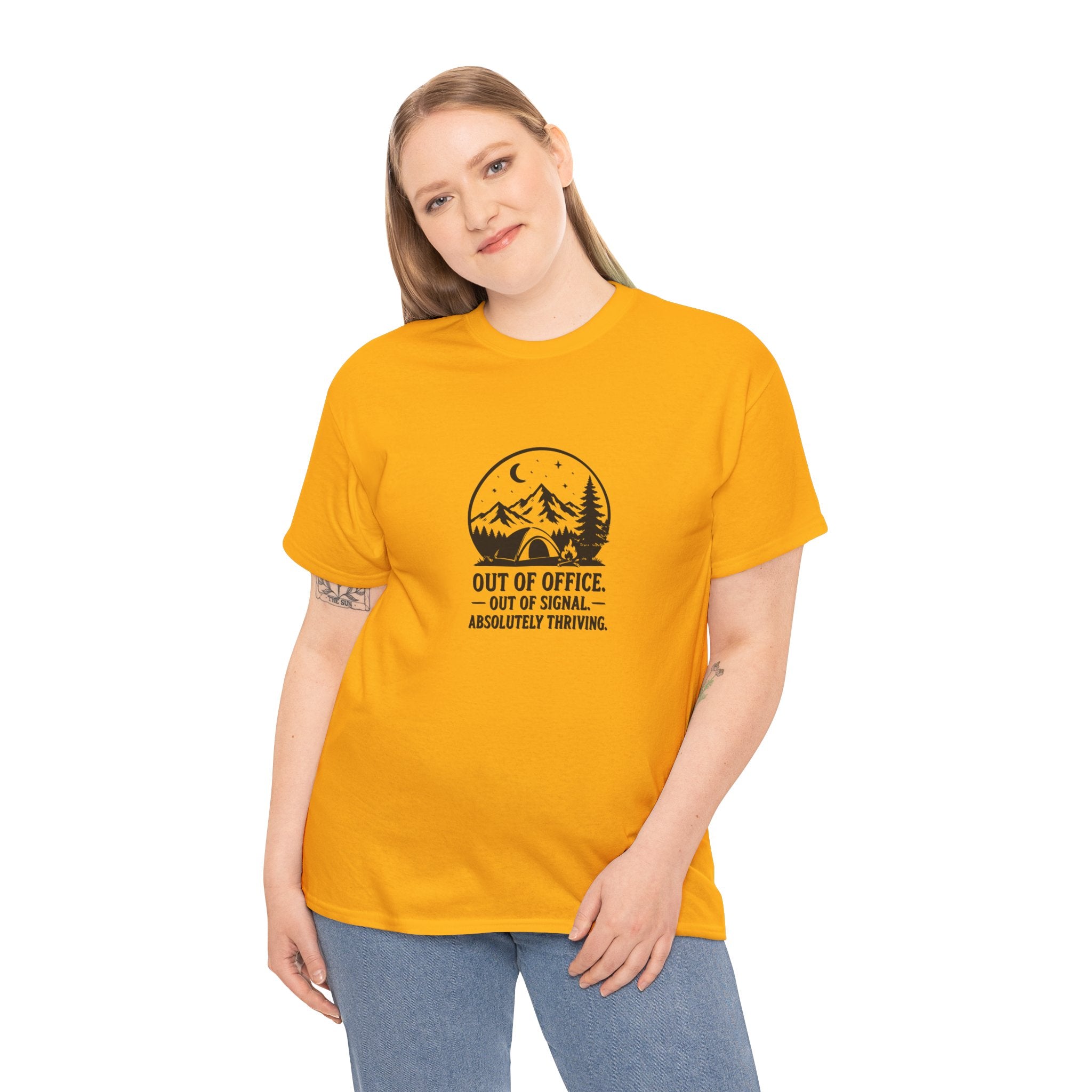 Out of Office Camping T‑Shirt — “Out of Office, Out of Signal, Absolutely Thriving”