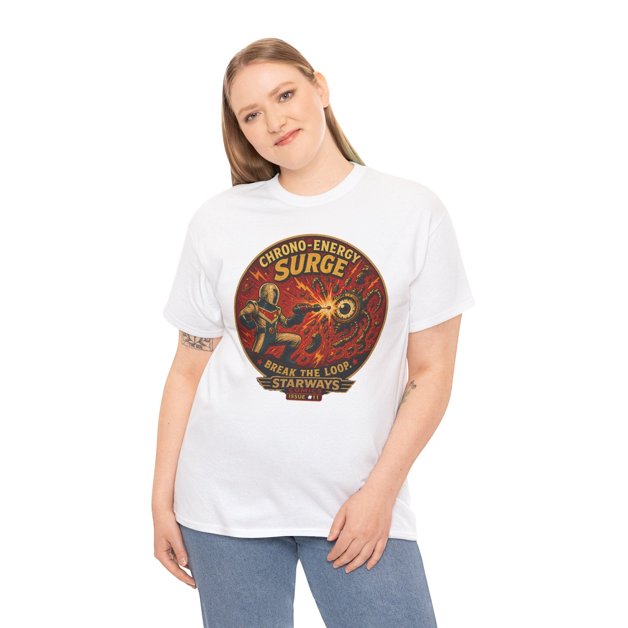 Chrono Energy Surge Retro Sci-Fi T-Shirt | Starways Comics Issue 11 | Vintage Astronaut Ray Gun Battle Graphic Tee | Classic Space Age Comic Art