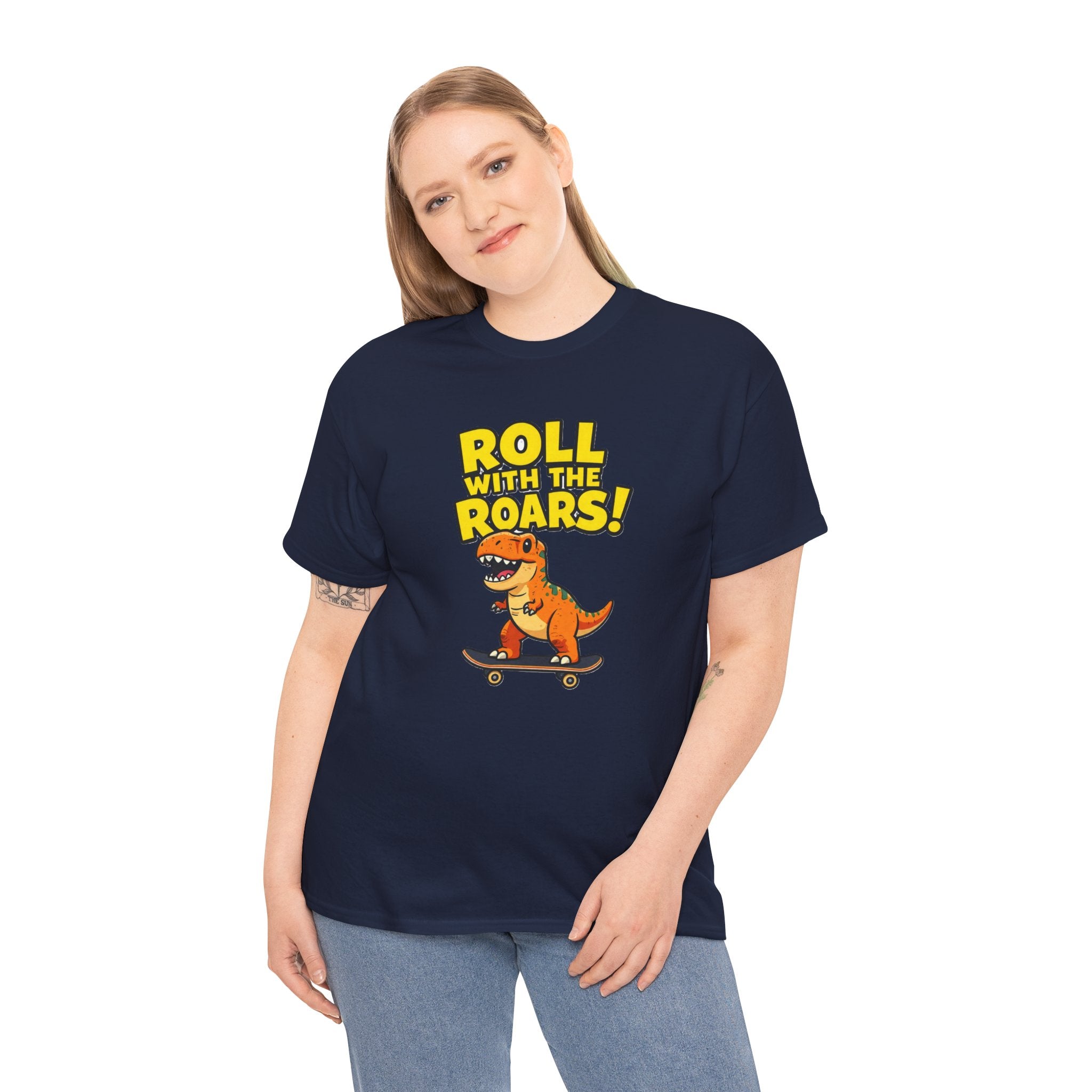 Roll With the Roars T-Shirt – Funny T-Rex Skateboard Cartoon Dinosaur | Dino Skater Graphic Tee