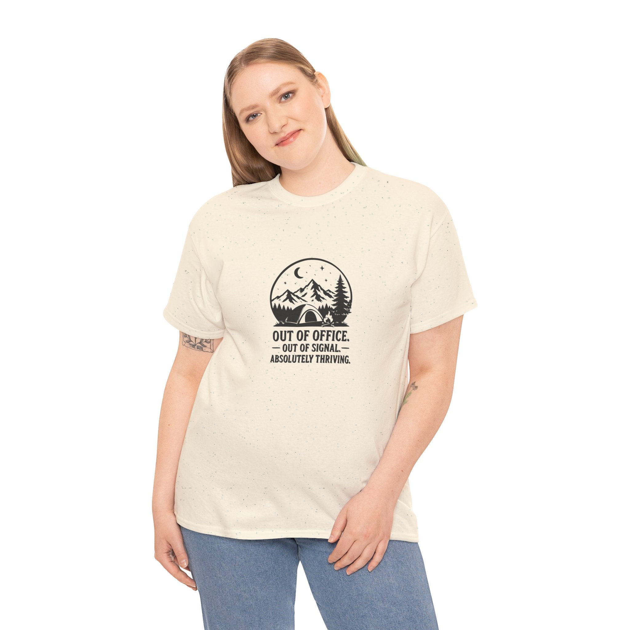 Out of Office Camping T‑Shirt — “Out of Office, Out of Signal, Absolutely Thriving”