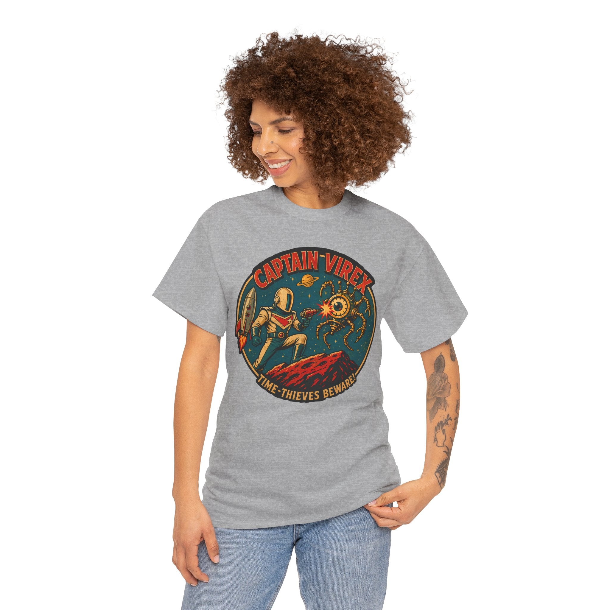 Captain Virex Retro Space Hero T-Shirt | Vintage Sci-Fi Robot Battle Graphic Tee | Classic 1950s Space Age Design