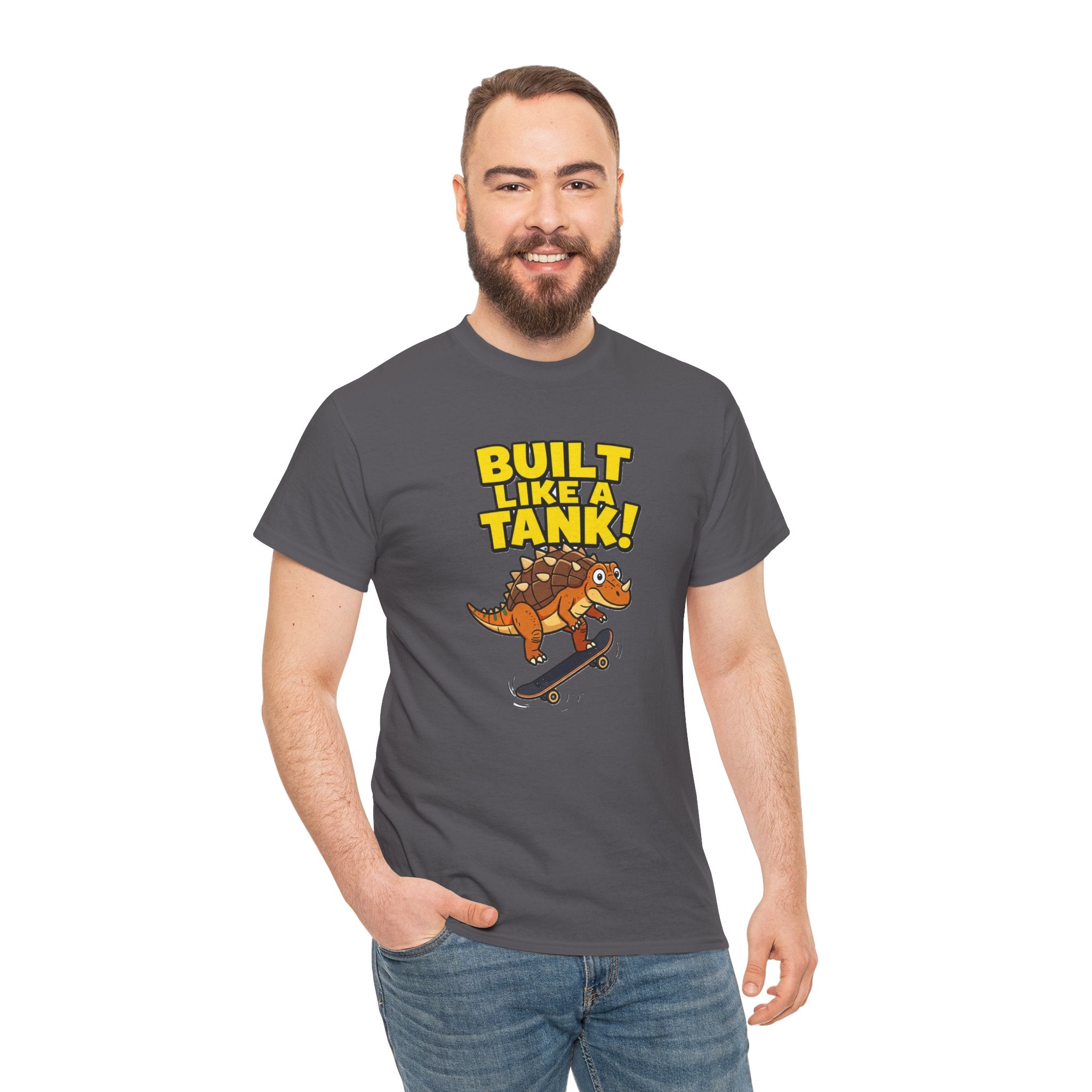 Built Like a Tank T-Shirt – Funny Ankylosaurus Skateboard Cartoon Dinosaur | Armoured Dino Skater Graphic Tee