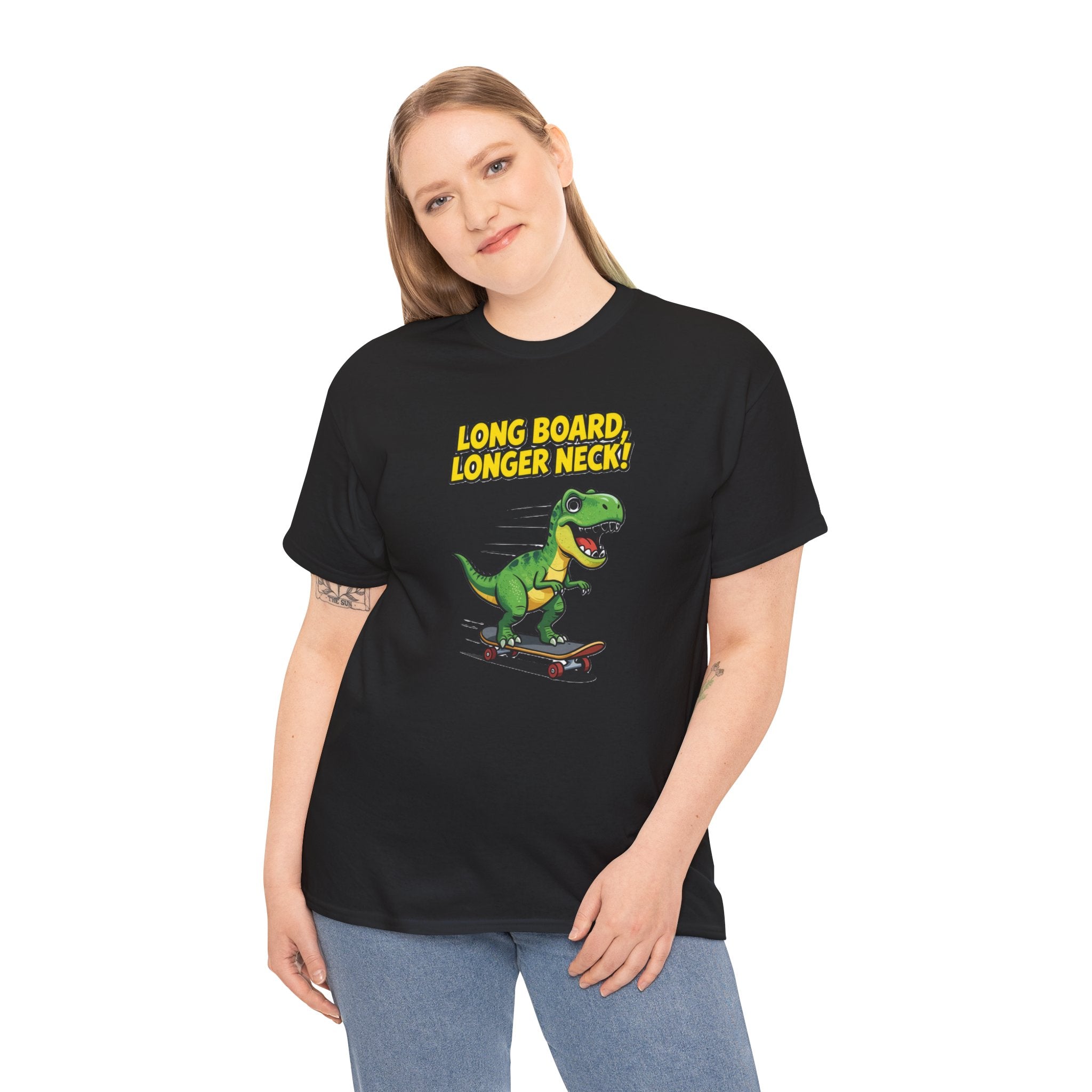 Long Board Longer Neck T-Shirt – Funny Green Dinosaur Longboard Skateboard Cartoon | Dino Skater Graphic Tee