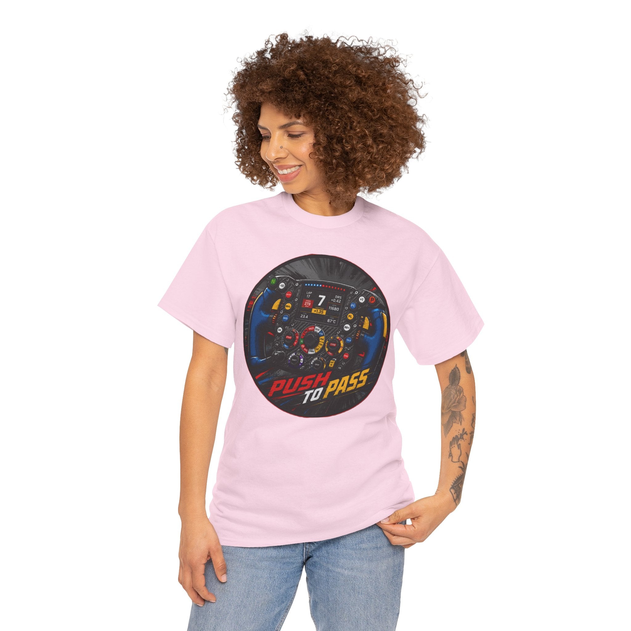 Push to Pass T-Shirt | F1 Steering Wheel Graphic Tee | Formula 1 Racing Cockpit Shirt | Motorsport Technical Diagram Art