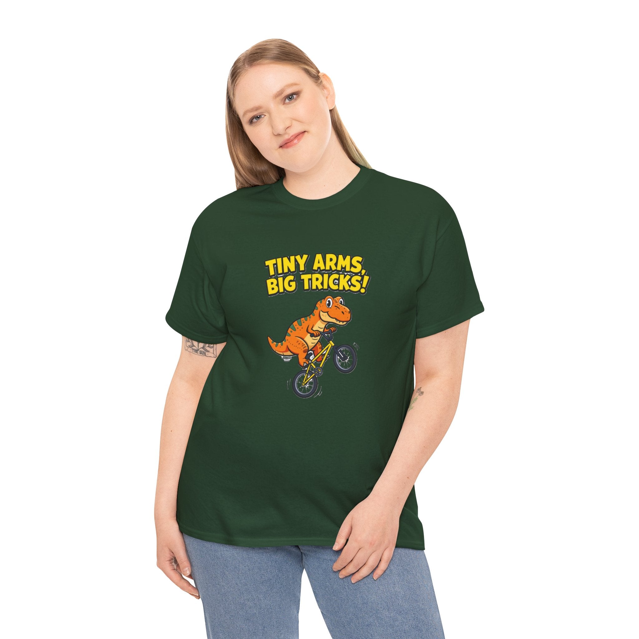 T-Shirt — "Tiny Arms, Big Tricks!" BMX Dino Graphic Tee