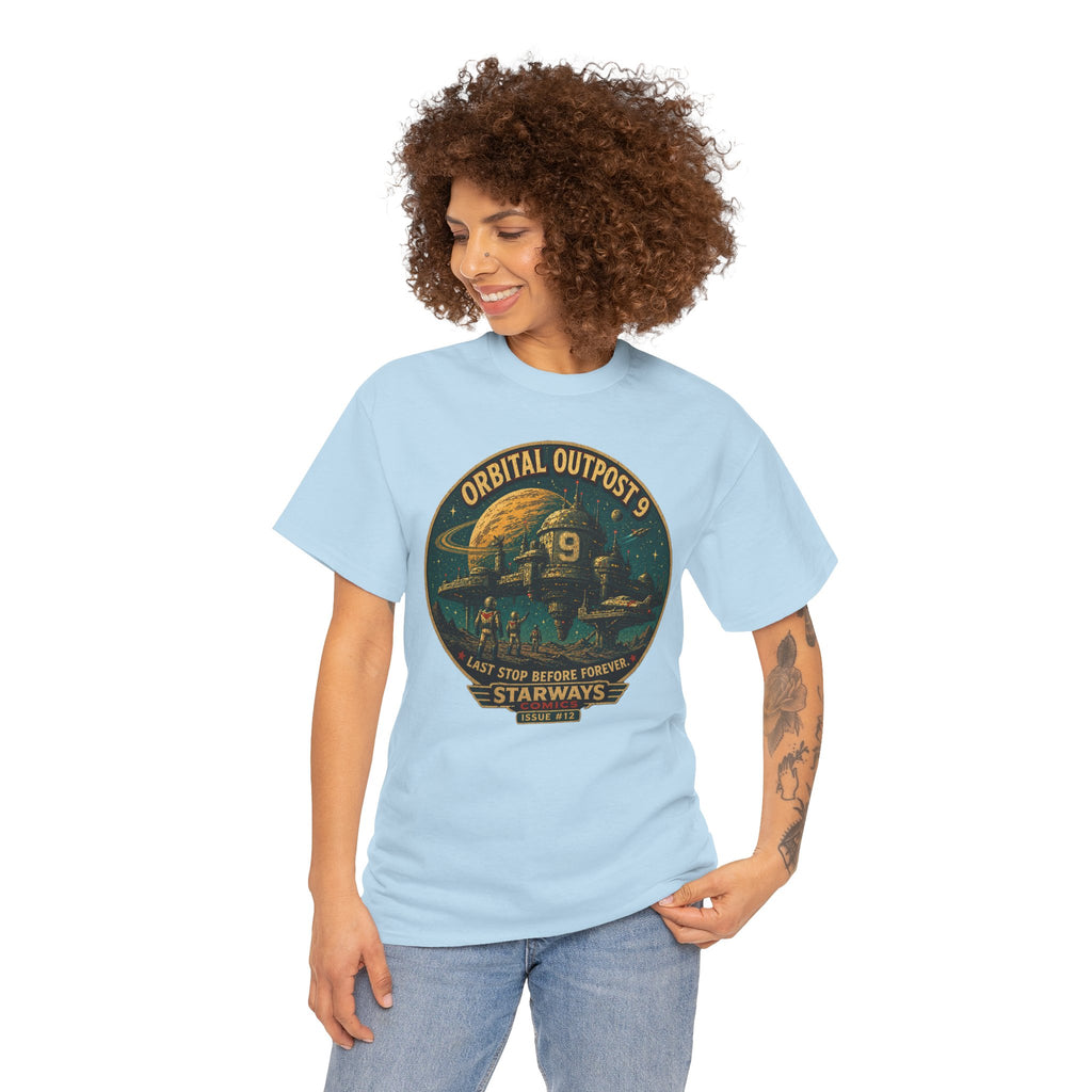 Orbital Outpost 9 Last Stop Before Forever Retro Sci-Fi T-Shirt | Starways Comics Issue 12 | Vintage Space Station Astronaut Graphic Tee | Classic Space Age Comic Art