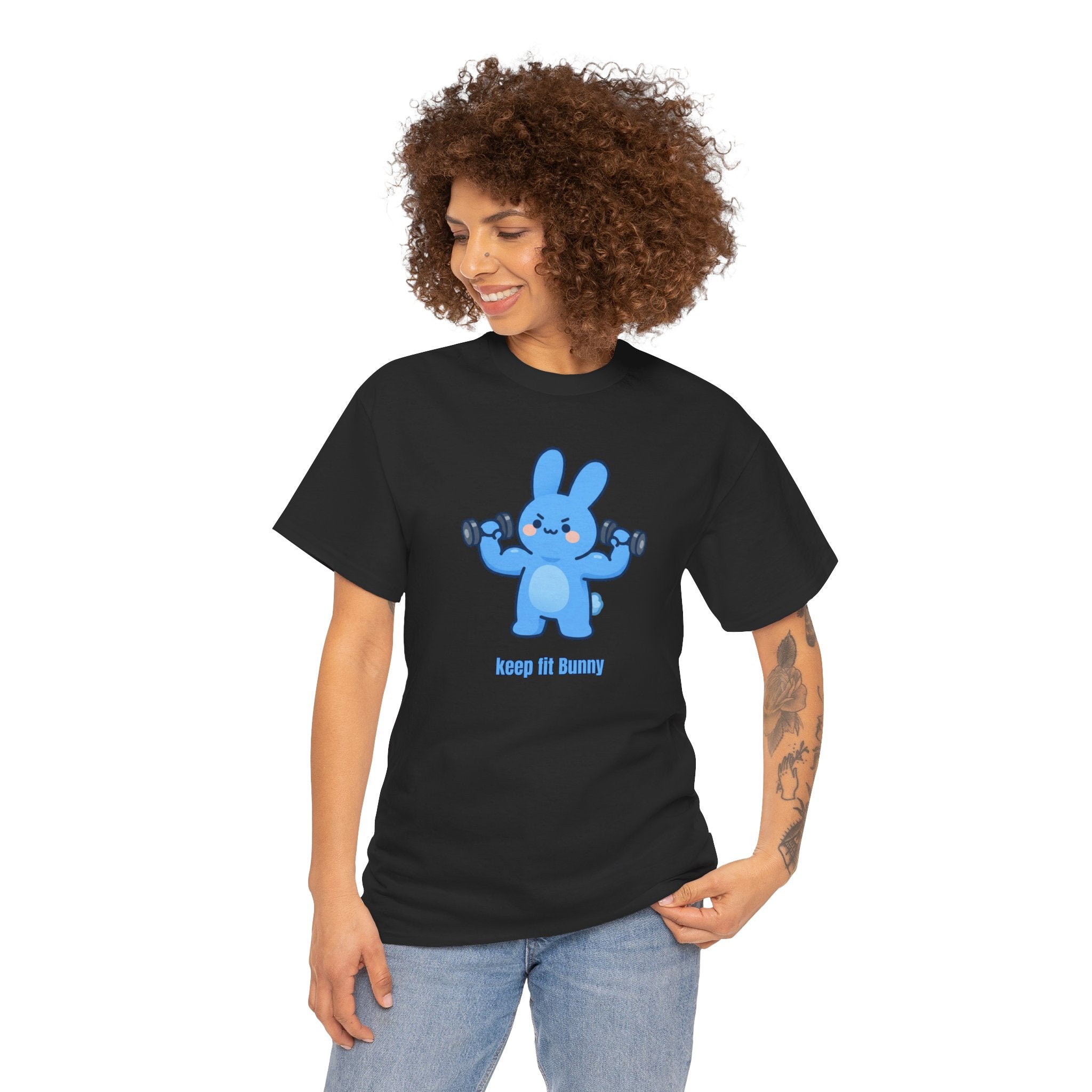 Cute Blue Bunny Weightlifting Tee — "Keep it Bunny" Fitness T-Shirt - Cute AND strong?! 💪🐰 Meet Keep Fit Bunny — pumping dumbbells, flexing hard, and looking absolutely determined. The most motivated little bunny you'll ever meet!
